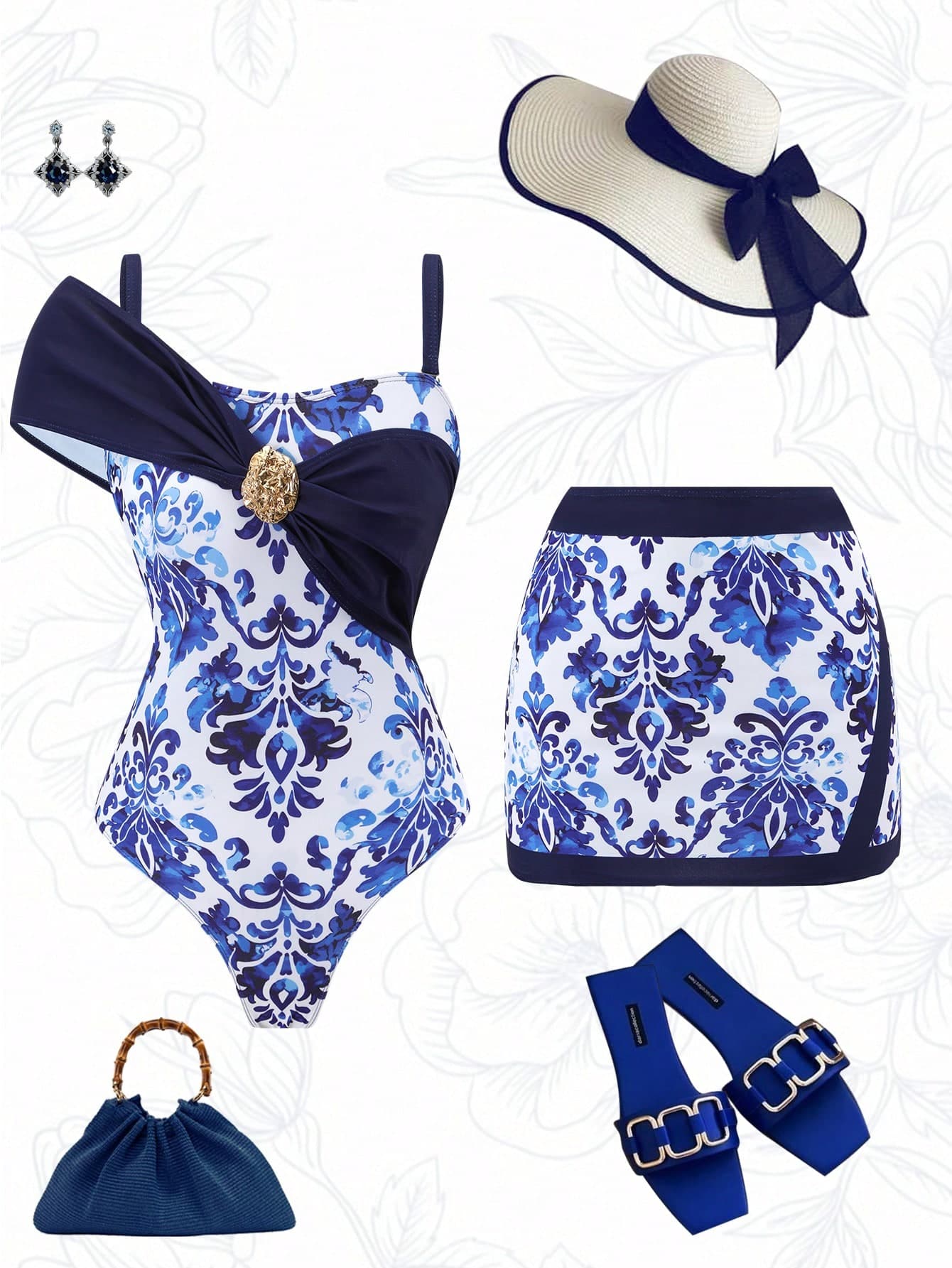 Swim Oasis 2026 New One-Piece Blue & White Porcelain Pattern Asymmetric Neckline Plus Size Women's 2 Pieces Swimsuit