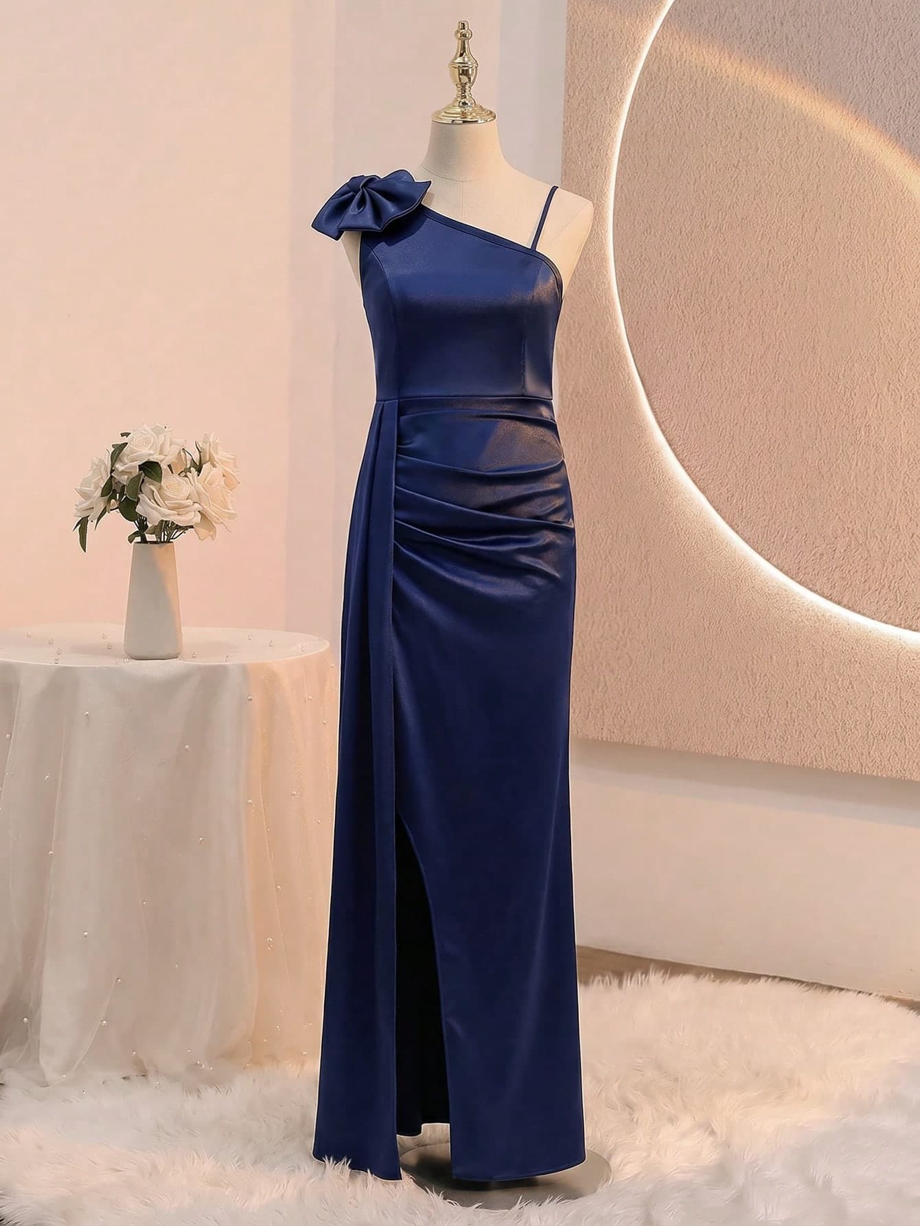 Tween Girl Navy Blue Asymmetric Neck Asymmetrical Dress With Bow, Summer Long Bodycon Mermaid Skirt, Suitable For Vacation, Graduation, Wedding Formal