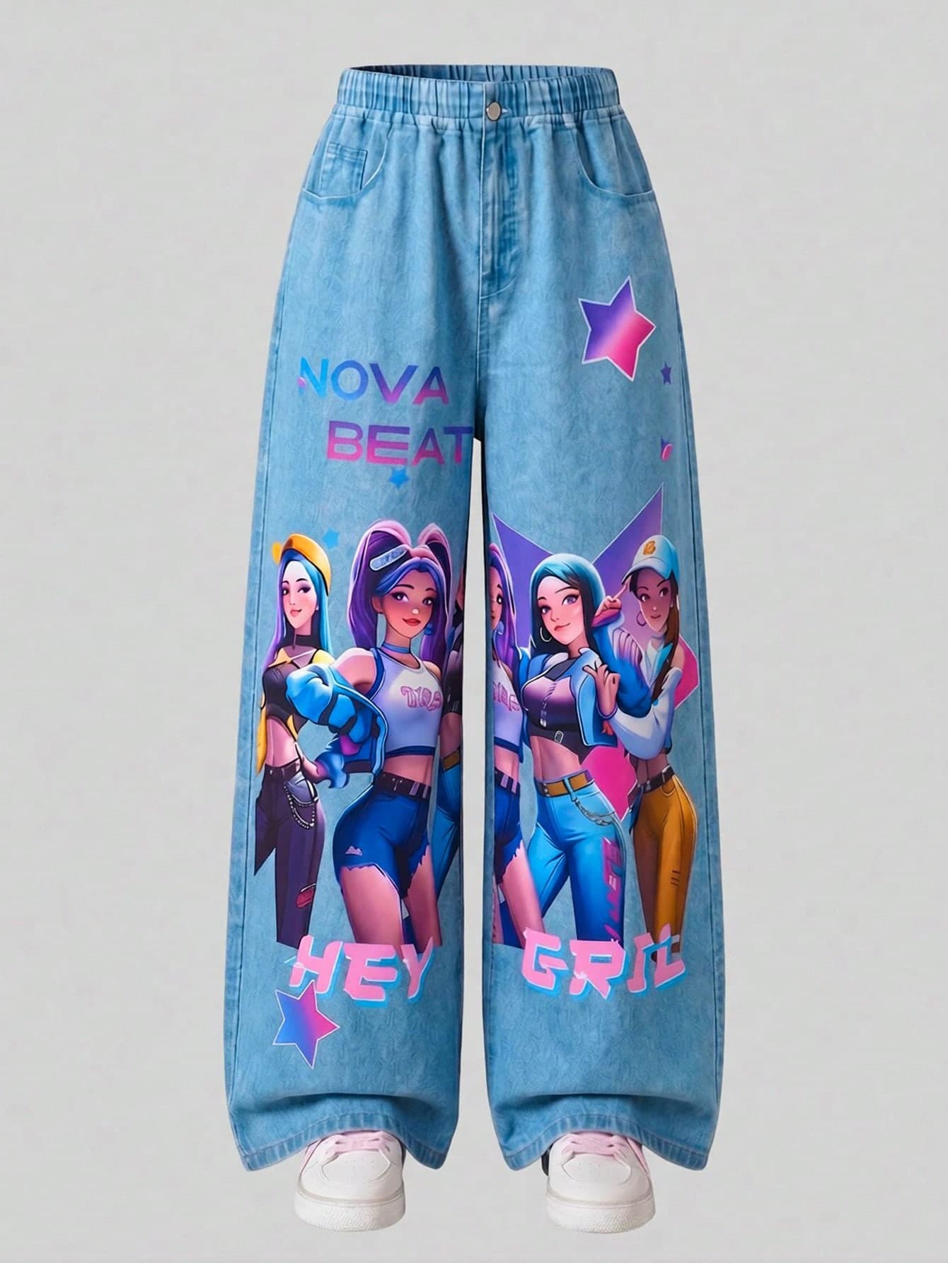 SHEIN Tween Girl Casual Fashion Cartoon Print Faux Denim Elastic Waist Wide Leg Pants, Loose Fit Comfortable Practical, Suitable For Autumn, Spring, Summer, Suitable For Daily Wear, Commuting, Outdoor Play, Basketball Football Sports, School, Streetwear, Party And Photo Shoots