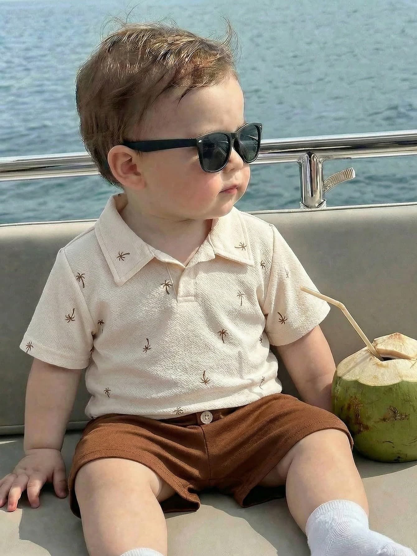 SHEIN Baby Boy Beige Summer Casual Vacation Holiday Outfit,Palm Tree Print Polo Collar Short Sleeve Shirt And Shorts Set,Cute Hawaii Style Infant Clothes