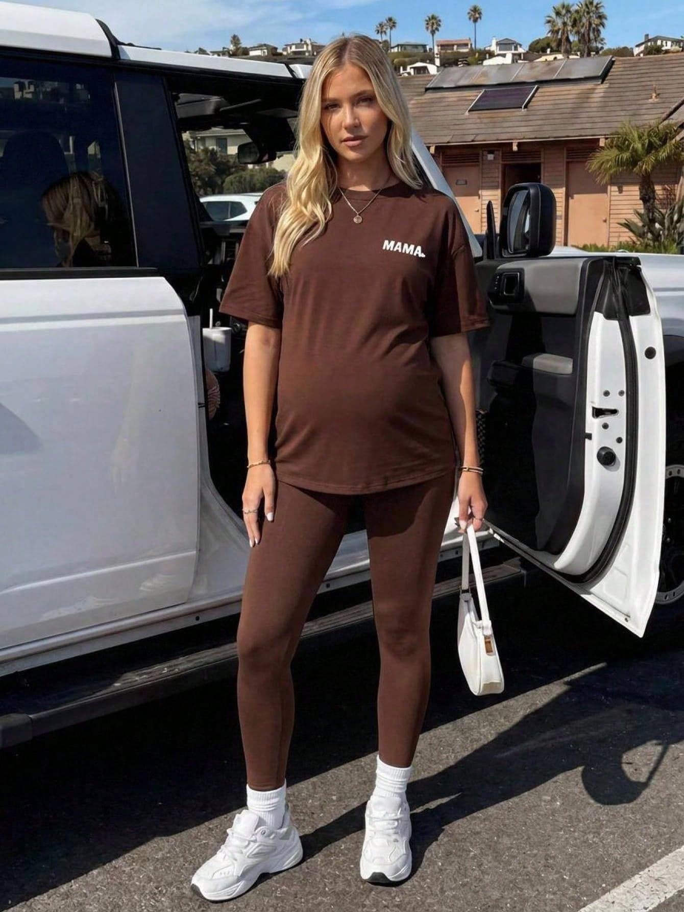 SHEIN Maternity Brown "Mama" Letter-Print Casual Everyday Style,Summer Casual T-Shirt Leggings 2 Pieces Set Photoshoot