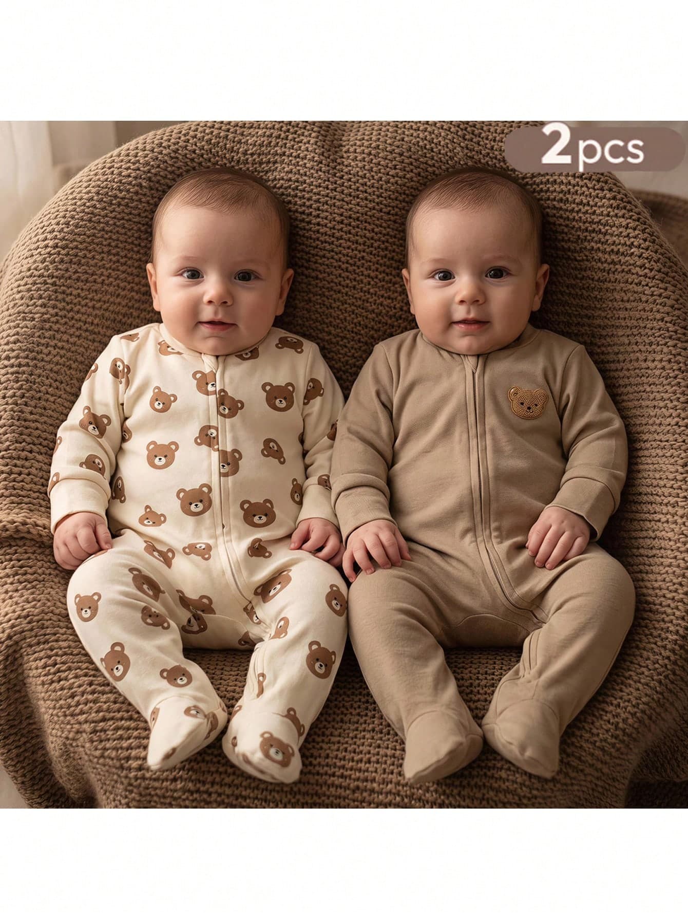 SHEIN Newborn Baby Pajamas Cute Casual Knitted Cartoon Pattern Long Sleeve Loungewear Apricot Solid Color Soft Round Neck Long Sleeve Casual Romper & Pants 2-Piece Set, Suitable For Spring Summer Autumn Winter, Kids Home, Outings And Other Occasions, All-Over Bear Print Loungewear, Romper, Blind Box, Randomly Sent
