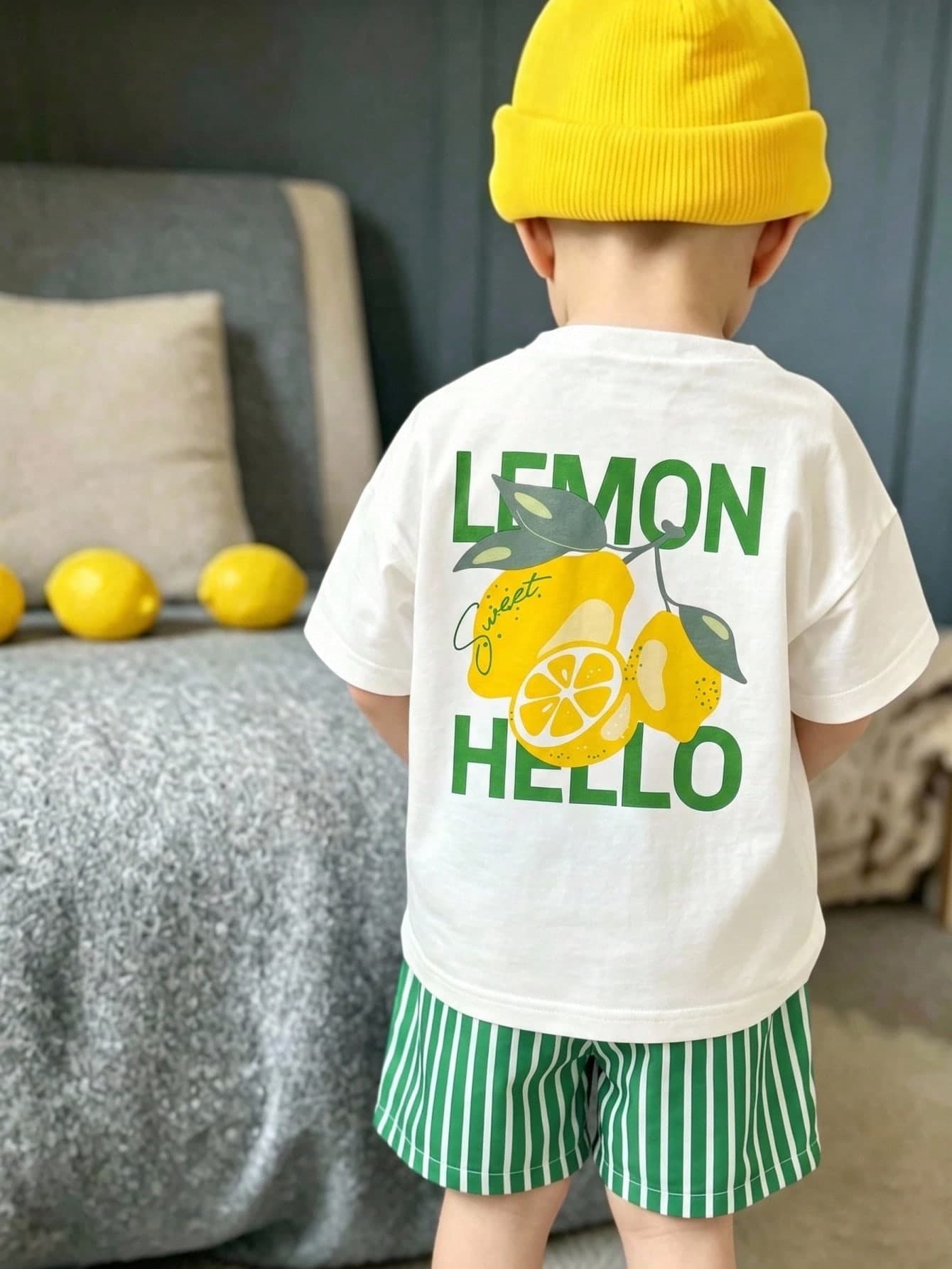 Playful Pals 2pcs/Set Toddler Boys Casual Fashion Comfortable Pattern Print Crew Neck Drop Shoulder Top And Striped Print Shorts, Suitable For Spring/Summer, Outdoor Play, Daily Versatile Wear