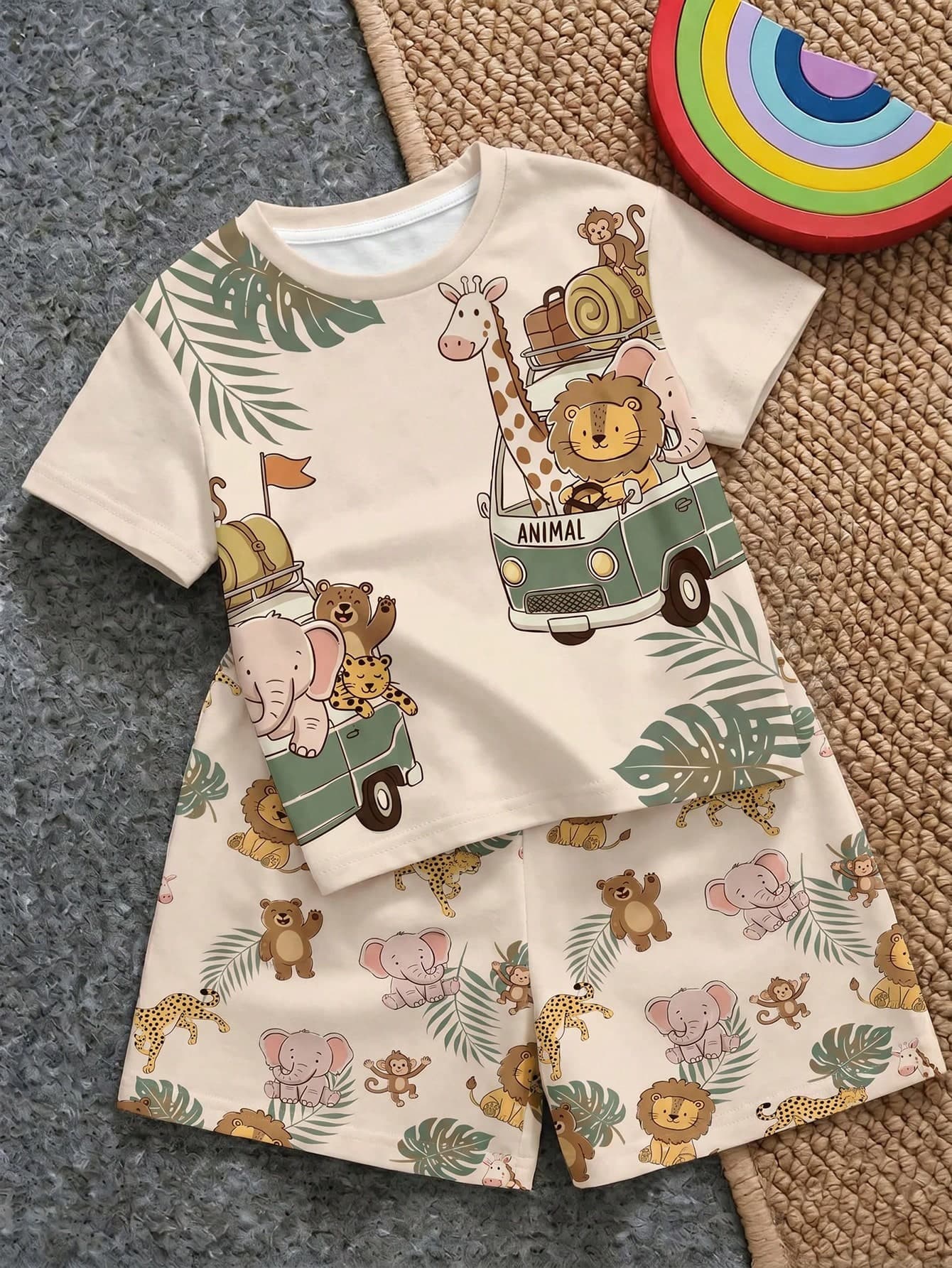 Baby Boy Casual Minimalist T-Shirt Set For Summer, Classic Cute Hand-Drawn Fairy Tale Animal World Pattern Print, Animal Protection Patrol , Leopard, Tiger, Lion, Zebra, Crocodile Pattern Print