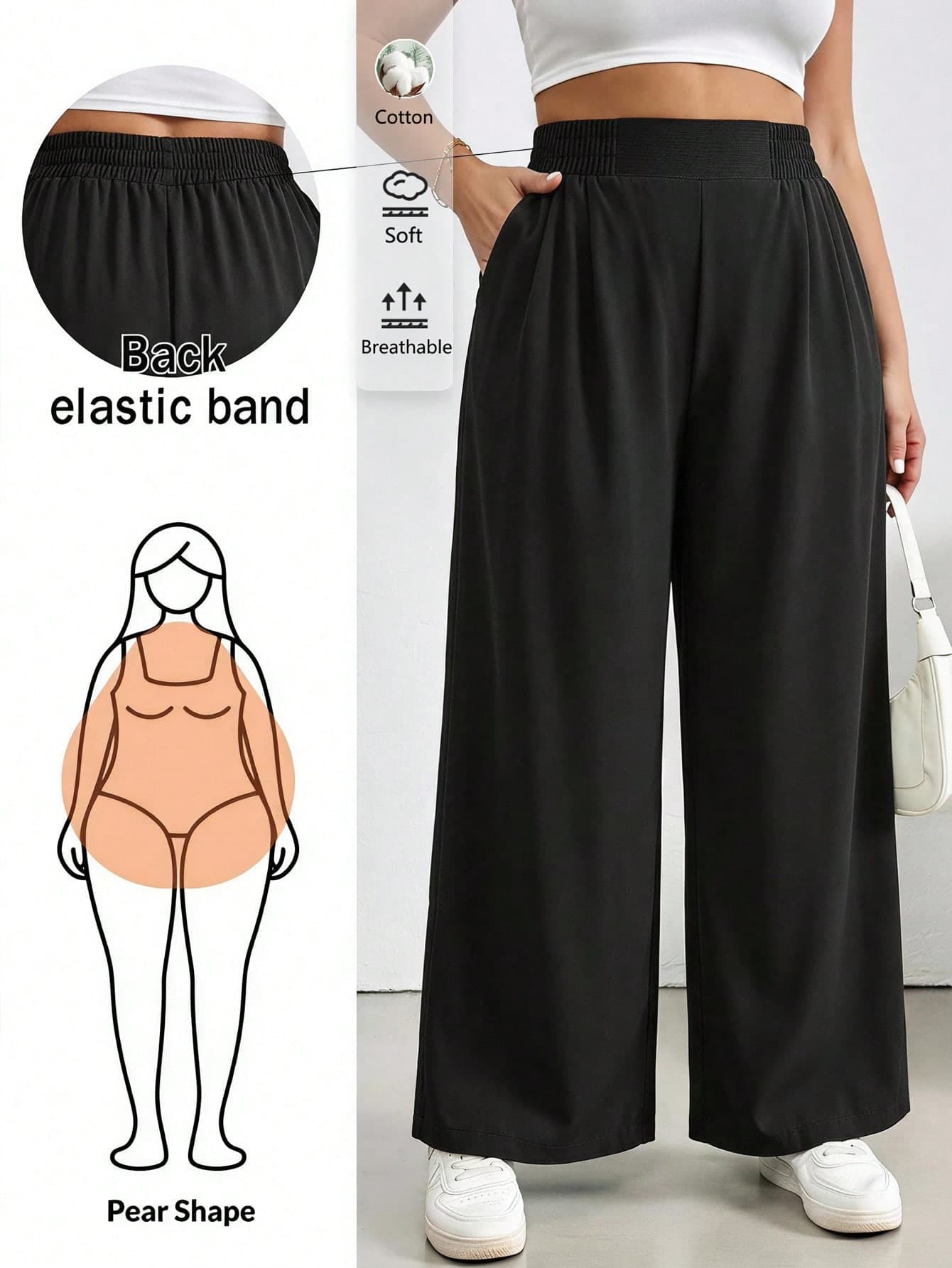 SHEIN Essnce Plus Size Women's Wide Leg Pants - Black Autumn Casual Commute Elastic Waist Loose Long Pants, Comfortable Loose Workplace Bottoms, Minimalist Vacation Style