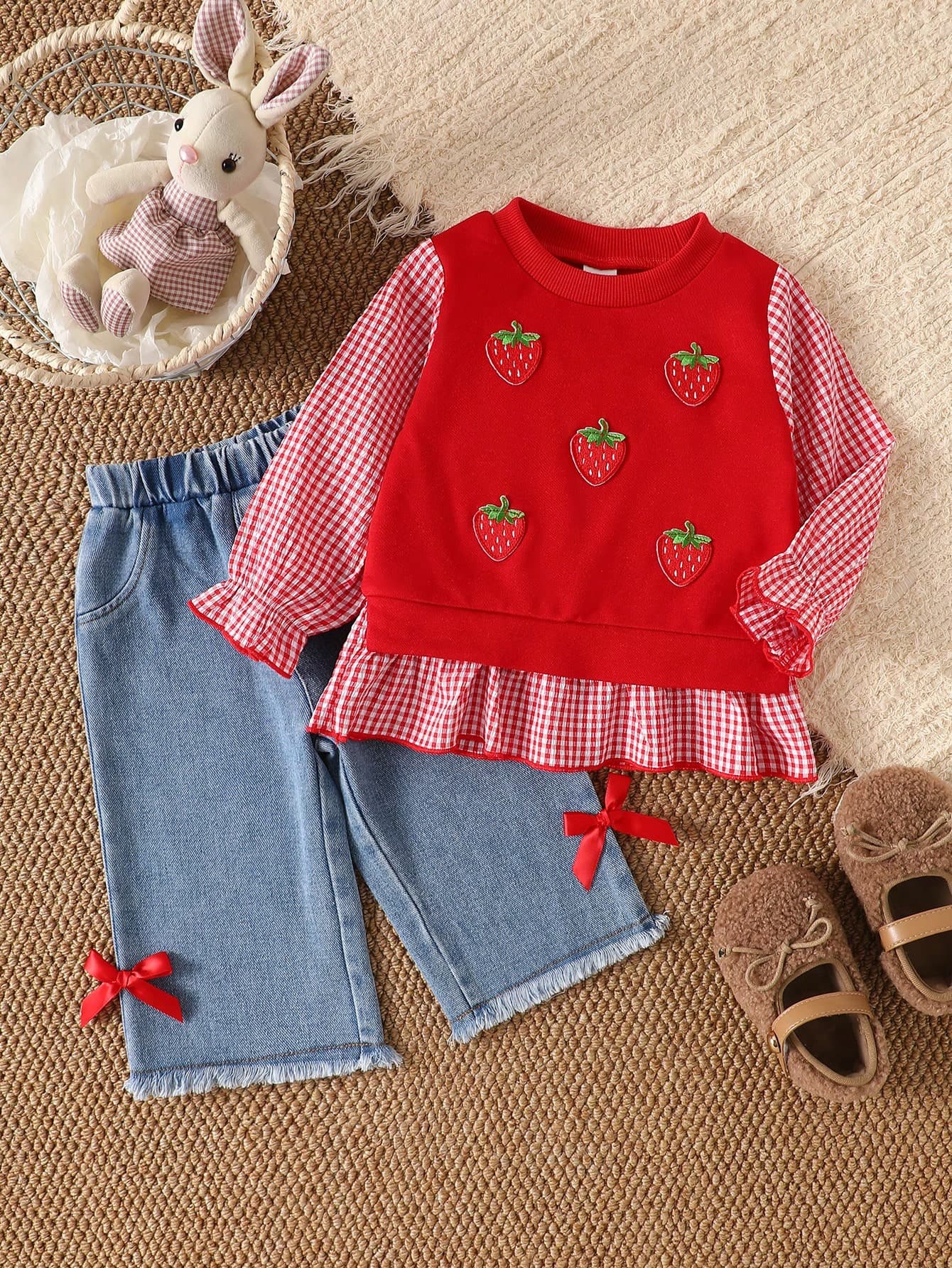 SHEIN Playful Pals Infant/Toddler (Girl) Sweet Cute Stylish 3D Floral Decor Striped Patchwork Long Sleeve Top & Denim Pants T-Shirt Set