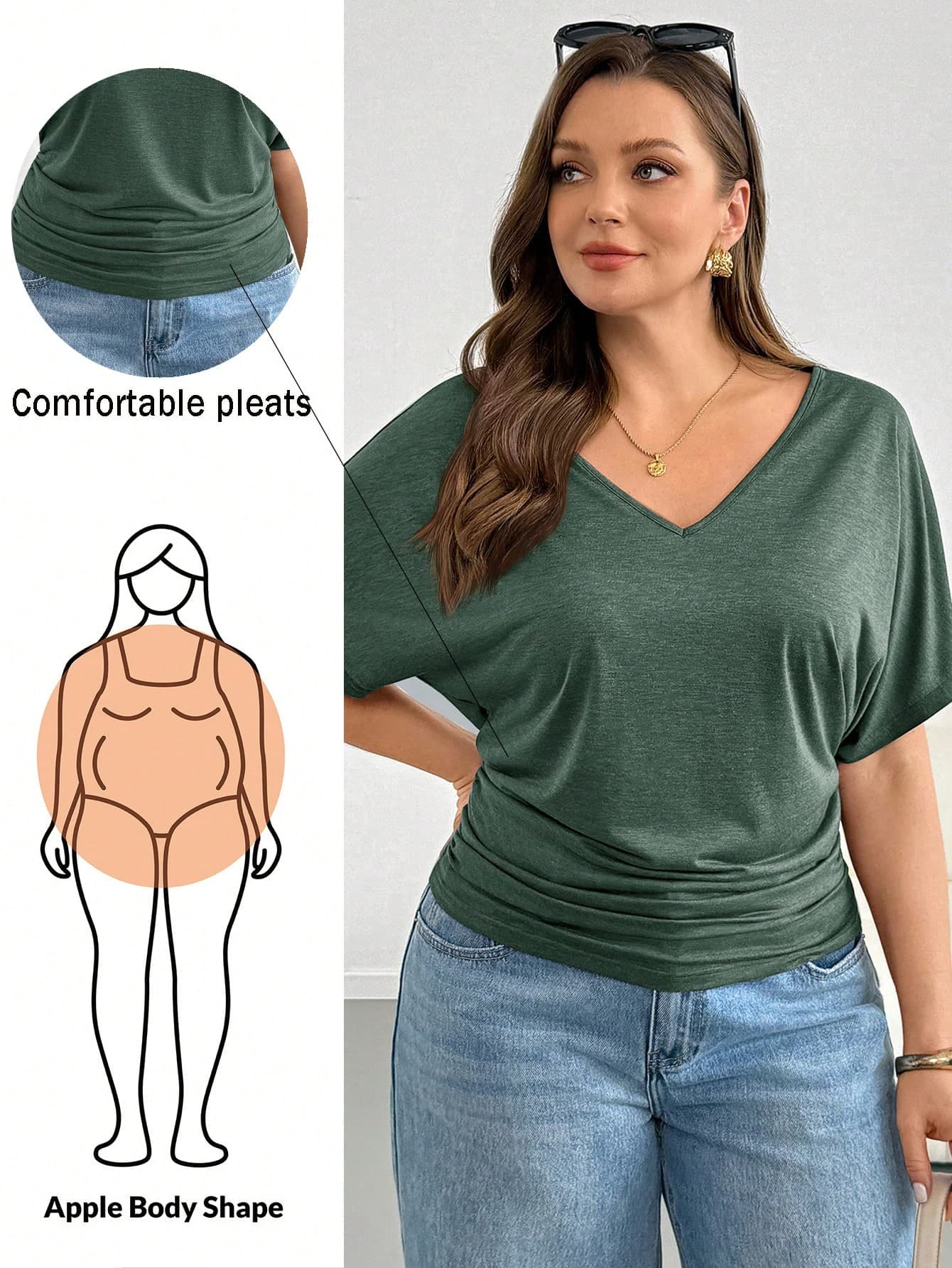 Shapeblank Plus Size Summer Casual Solid Color Batwing Sleeve T-Shirt Formal Office Dark Green