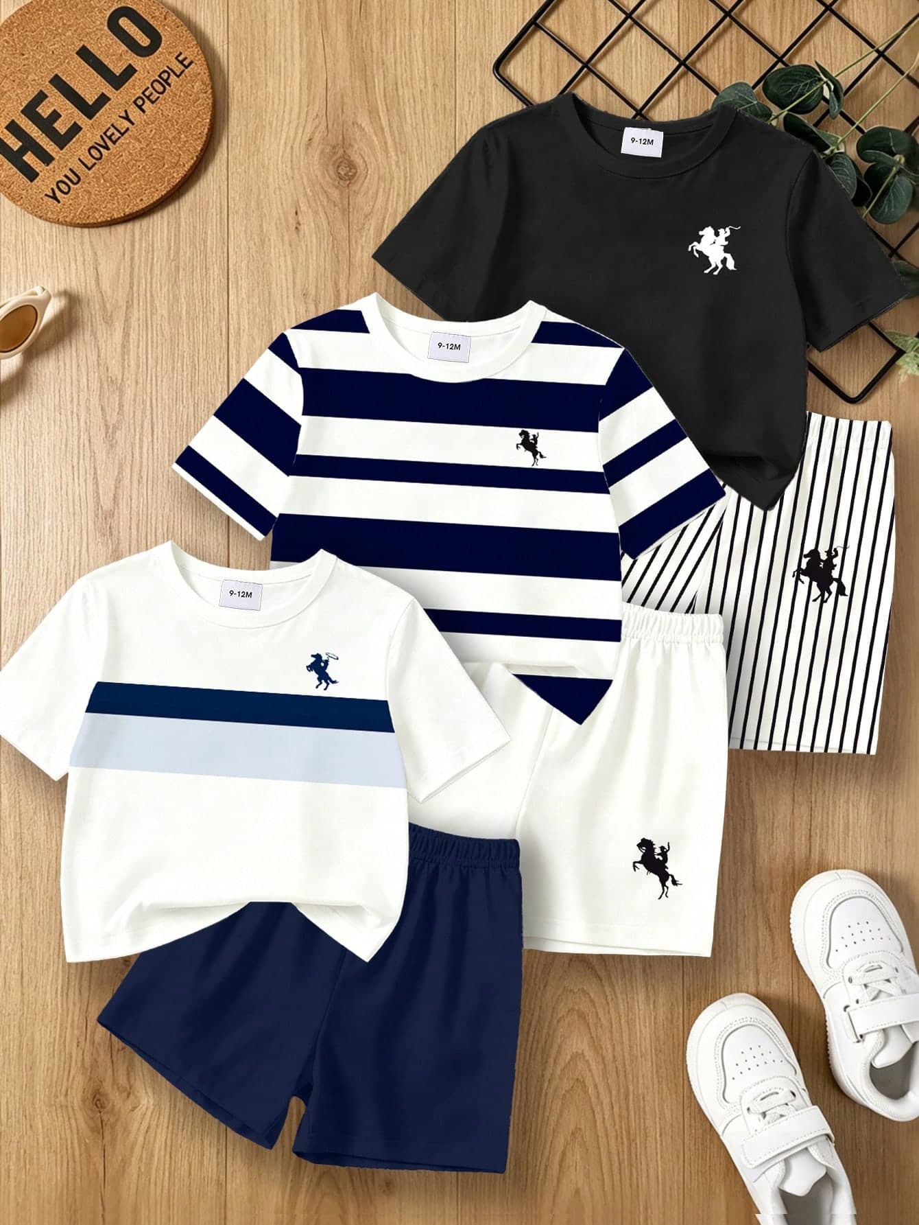 Souflis Souflis 3 Sets Baby Boy Outfit, Fashion Street Classic Business Handsome Striped Minimalist Striped And Horse Logo Print Round Neck T-Shirt Top Paired With Solid Color Horse Logo Print Shorts, Multi-Piece Set Combination Suitable For Outdoor Activities