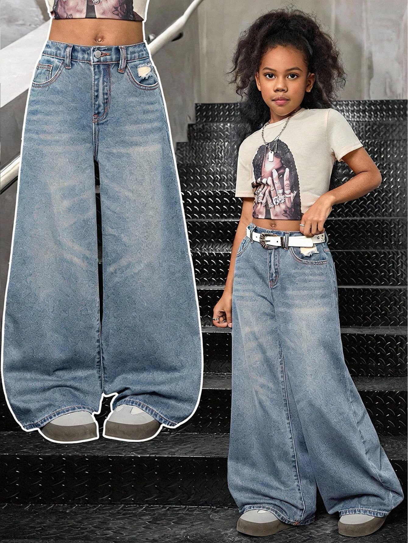 SHEIN Tween Girl Tween Girl Casual Washed Wide Leg Jeans