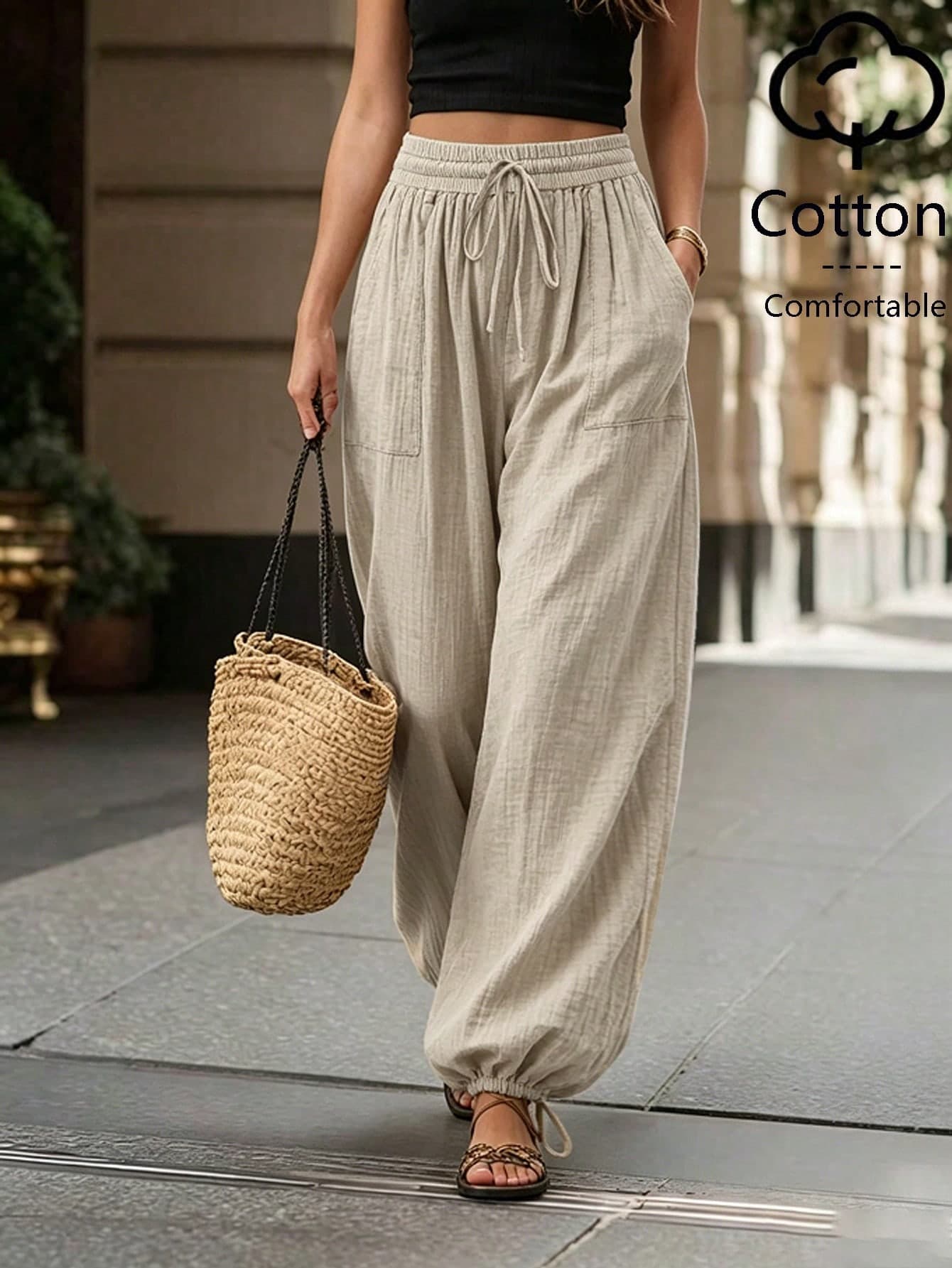 SHEIN Holidaya Women's Khaki Cinched Waist Tapered Leg Comfortable Long Pants, Holiday Outfit, Commute Outfit, Apricot Long Pants