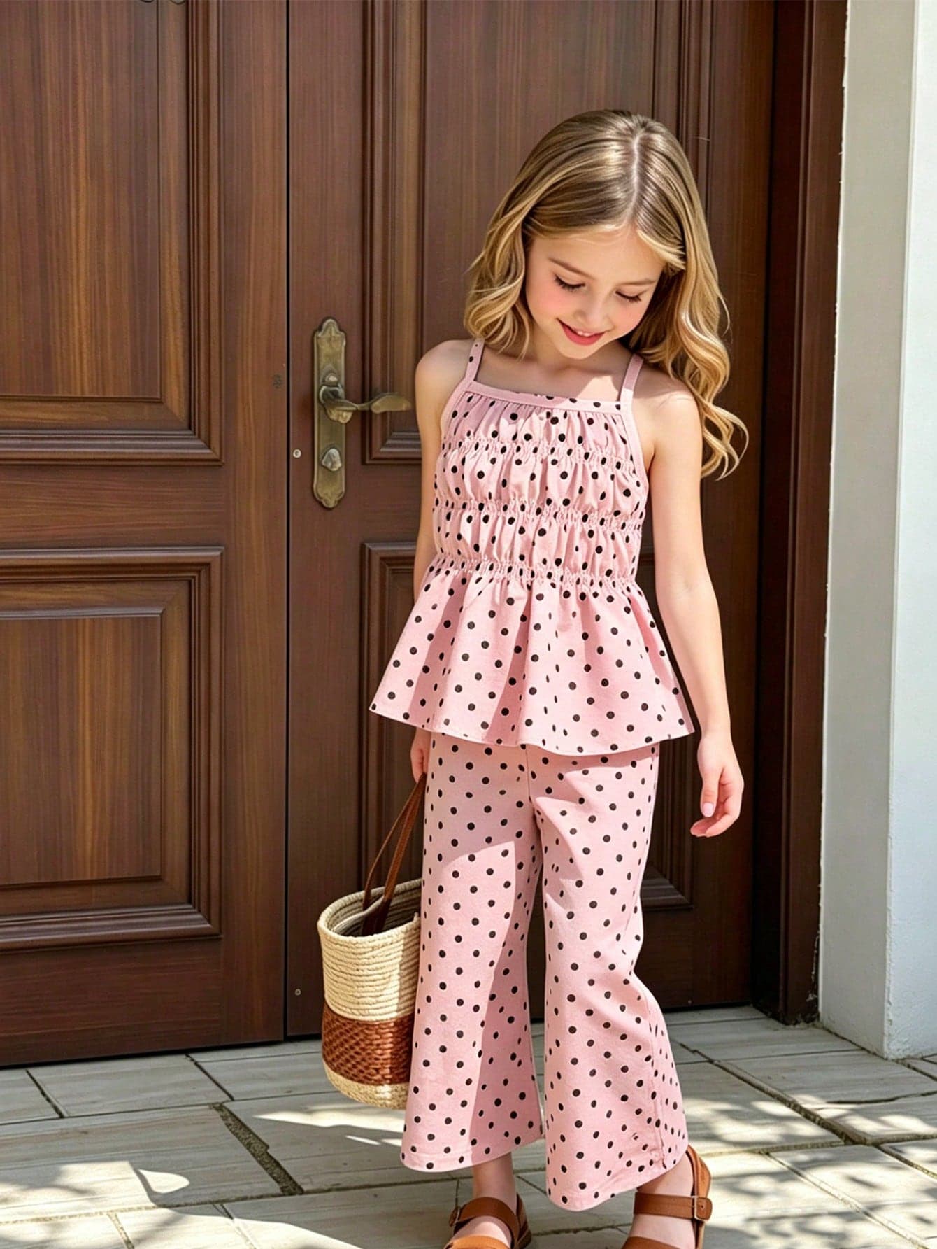 SHEIN Girls Summer Cute Sweet Polka Dot Black & White All-Over Print Camisole Top And Drapey Wide Leg Pants Set, Suitable For Vacation, Outings And More