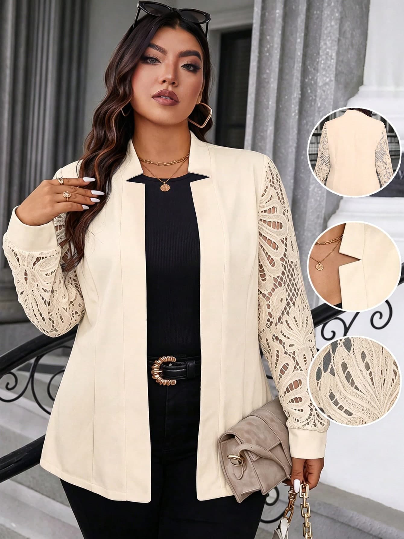 Easura Plus Size Water-Soluble Floral Mesh Lantern Sleeve Patchwork Knit Textured Elastic Fabric Faux Blazer Lapel Casual Outing Office Commute Jacket