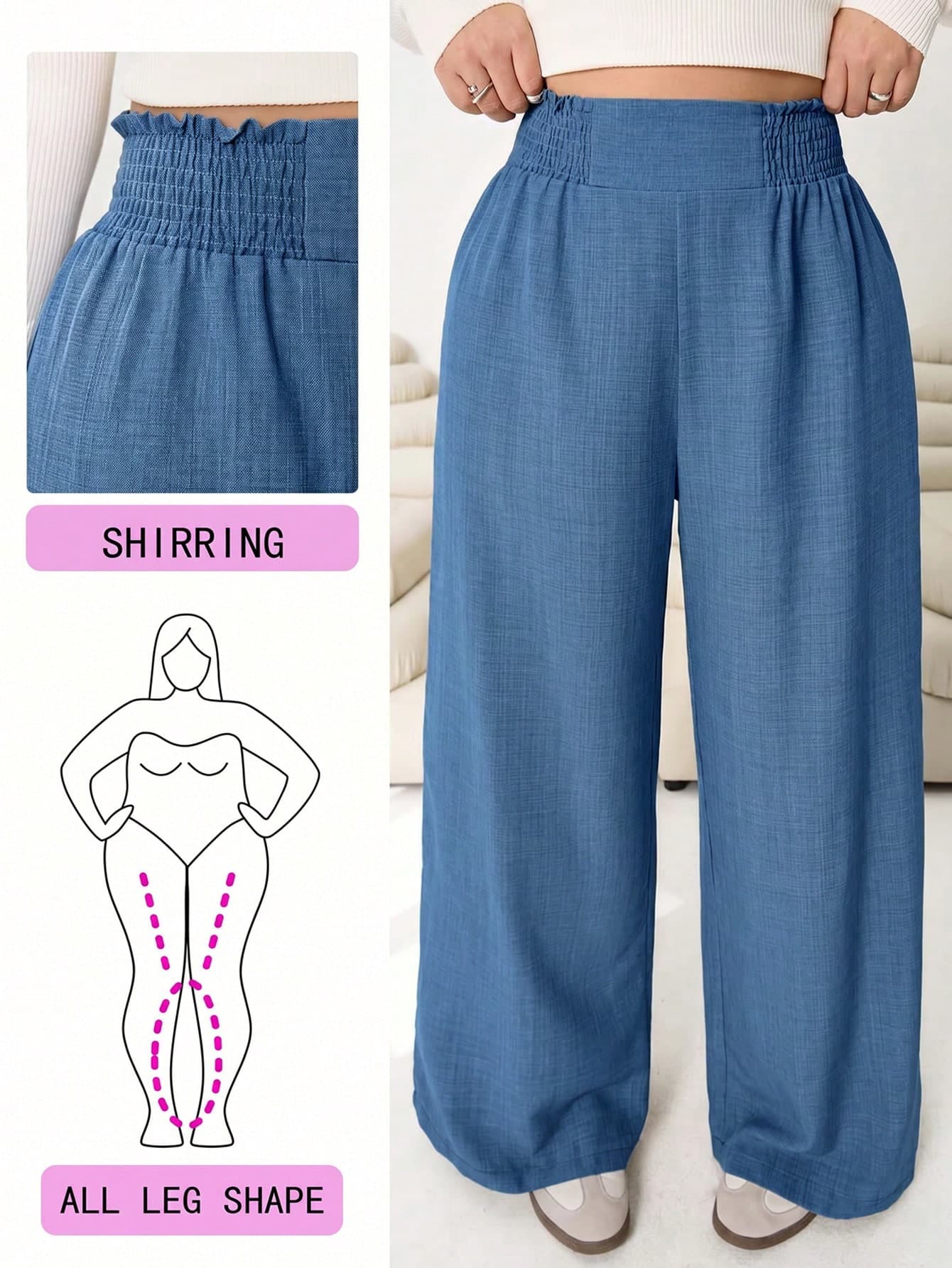 Solflare 2026 Autumn New Casual Suit Pants, Loose Fit, Smocked Elastic Waist, Dusty Blue, Plus Size, Suitable For Outings Vacation, Daily Wear, Gatherings