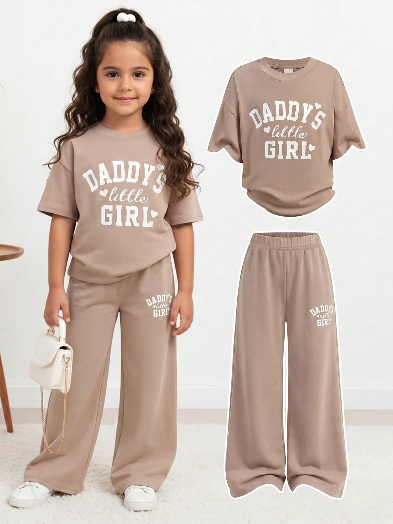 Young Girl Summer Family Matching Casual Letter Print 2-Piece Set, Loose Short Sleeve T-Shirt & Pleated Wide Leg Pants Knit Tracksuit, Khaki Comfortable