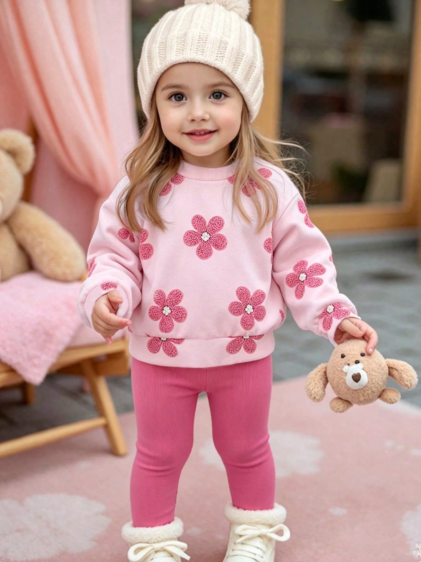 SHEIN Vintaside Kids 2pcs Toddler Baby Girls Pink Clothes Cute Floral Flower Pattern Long Sleeve Soft Thick 2 Piece Sets Sweatshirt Leggings Pants School Fall Winter Set