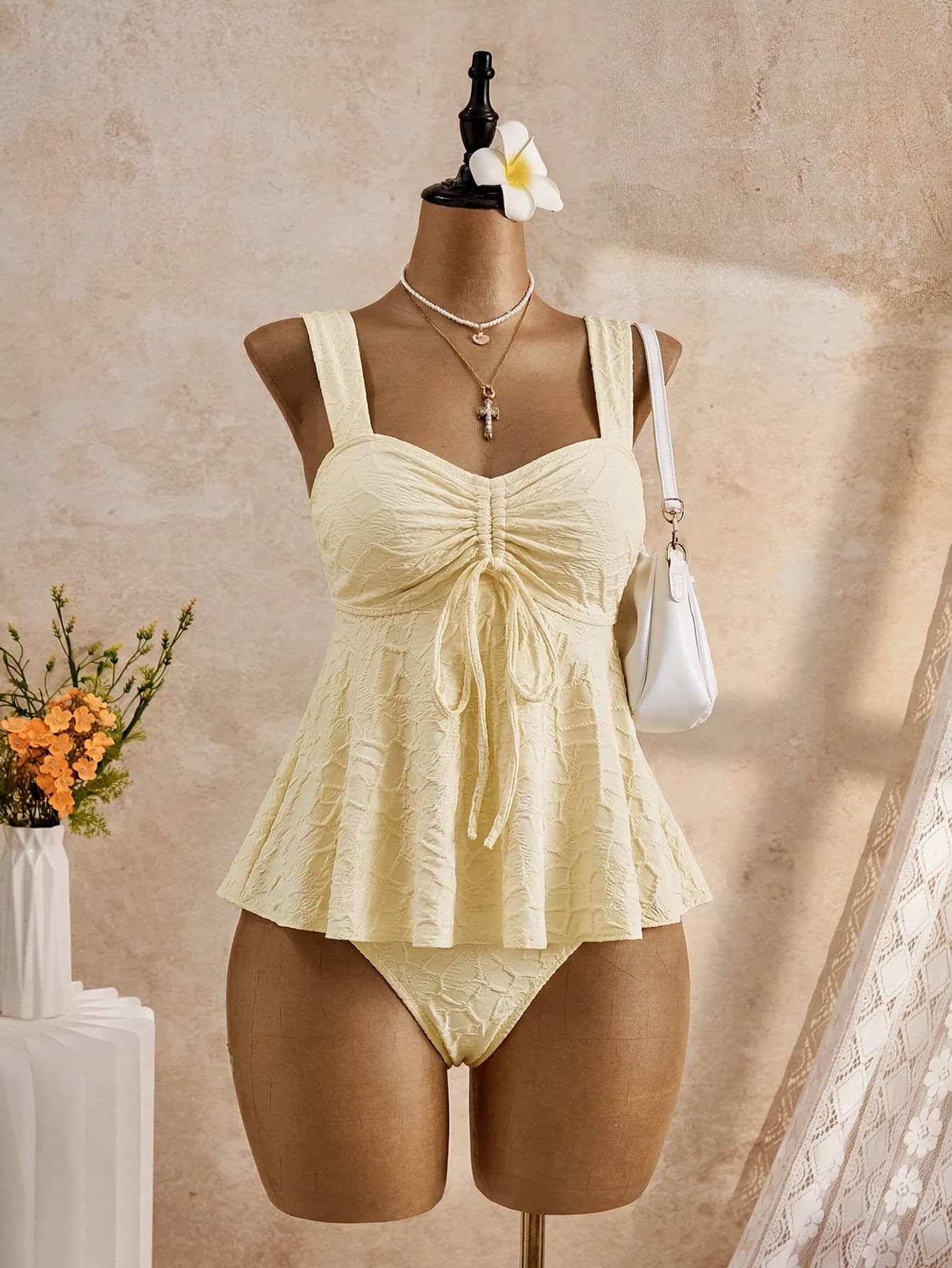 Bellisia 26SS Spring/Summer Vacation Beach Cute Yellow Jacquard Embroidered Tank Top Bikini Set
