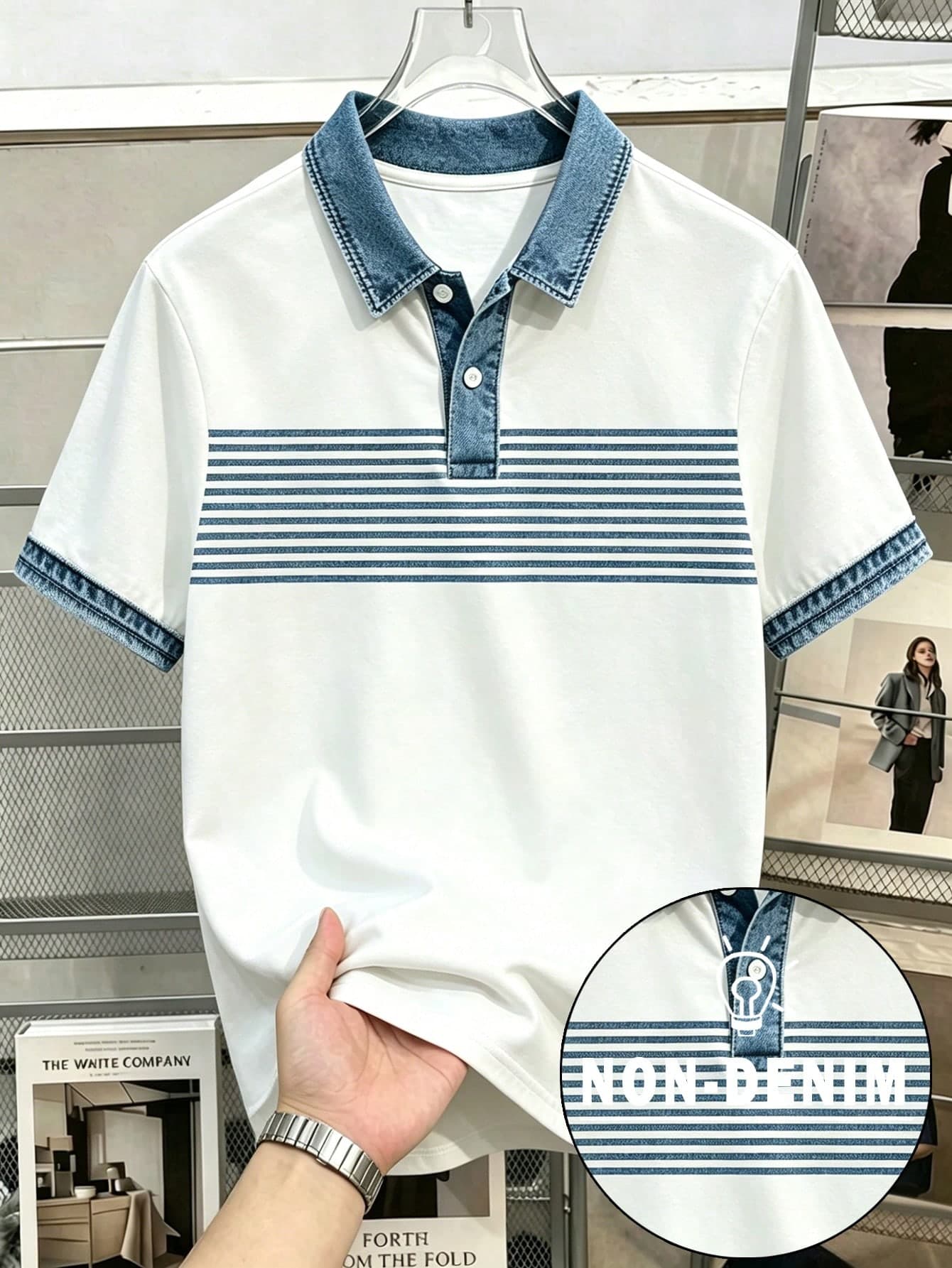 Manfinity Joysei Men's Blue And White Stripe Denim Effect Collar Patchwork POLO Shirt,Minimalist Contrast Color Striped,Summer Smart Casual Vacation Stylish Man Style