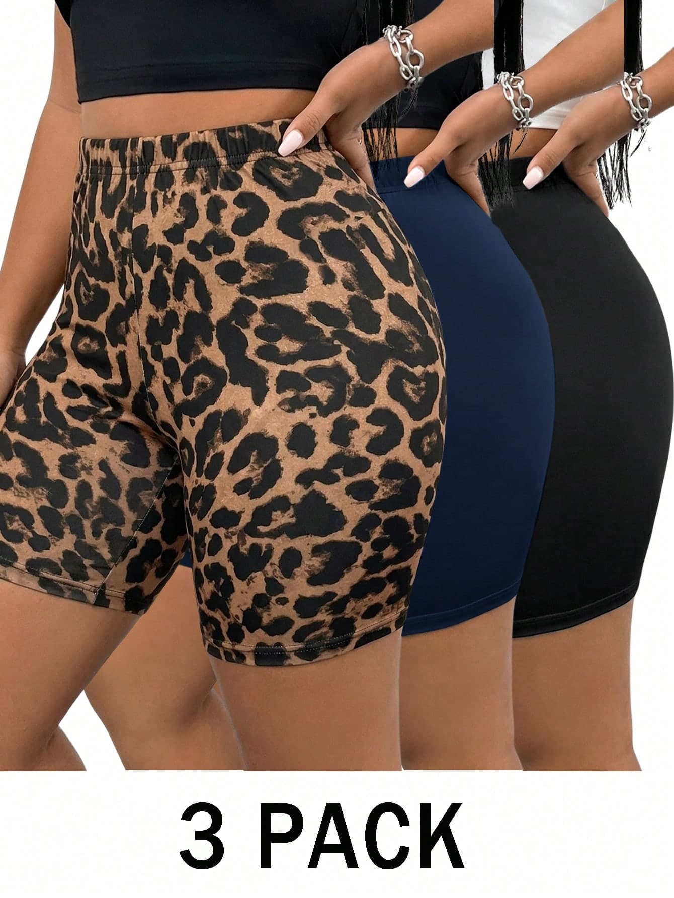 SHEIN Essnce 3pcs Plus Size Women's Elastic Waist Casual Base Layer Shorts