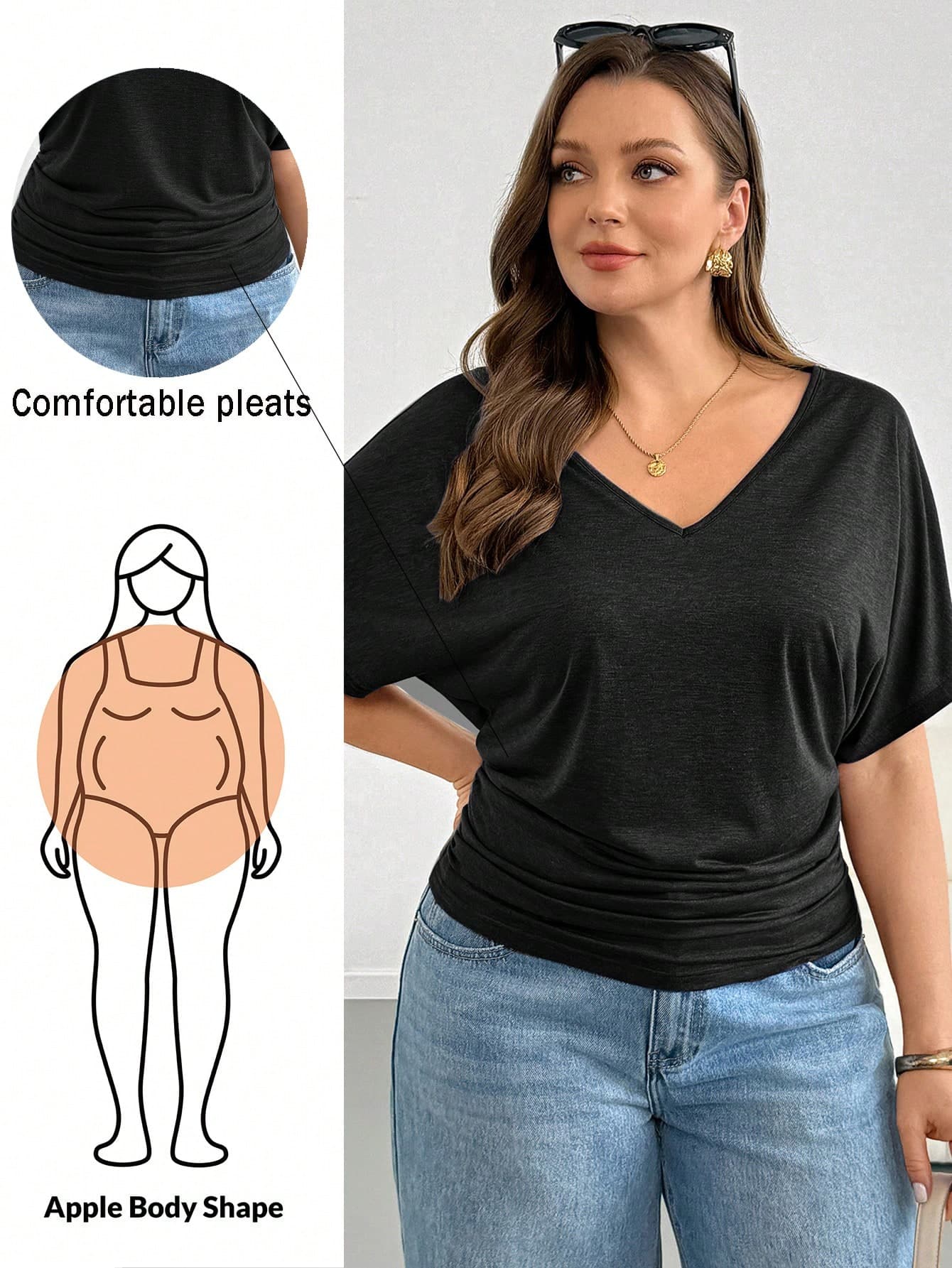Shapeblank Plus Size Women's Solid Color V-Neck Batwing Short Sleeve Casual T-Shirt