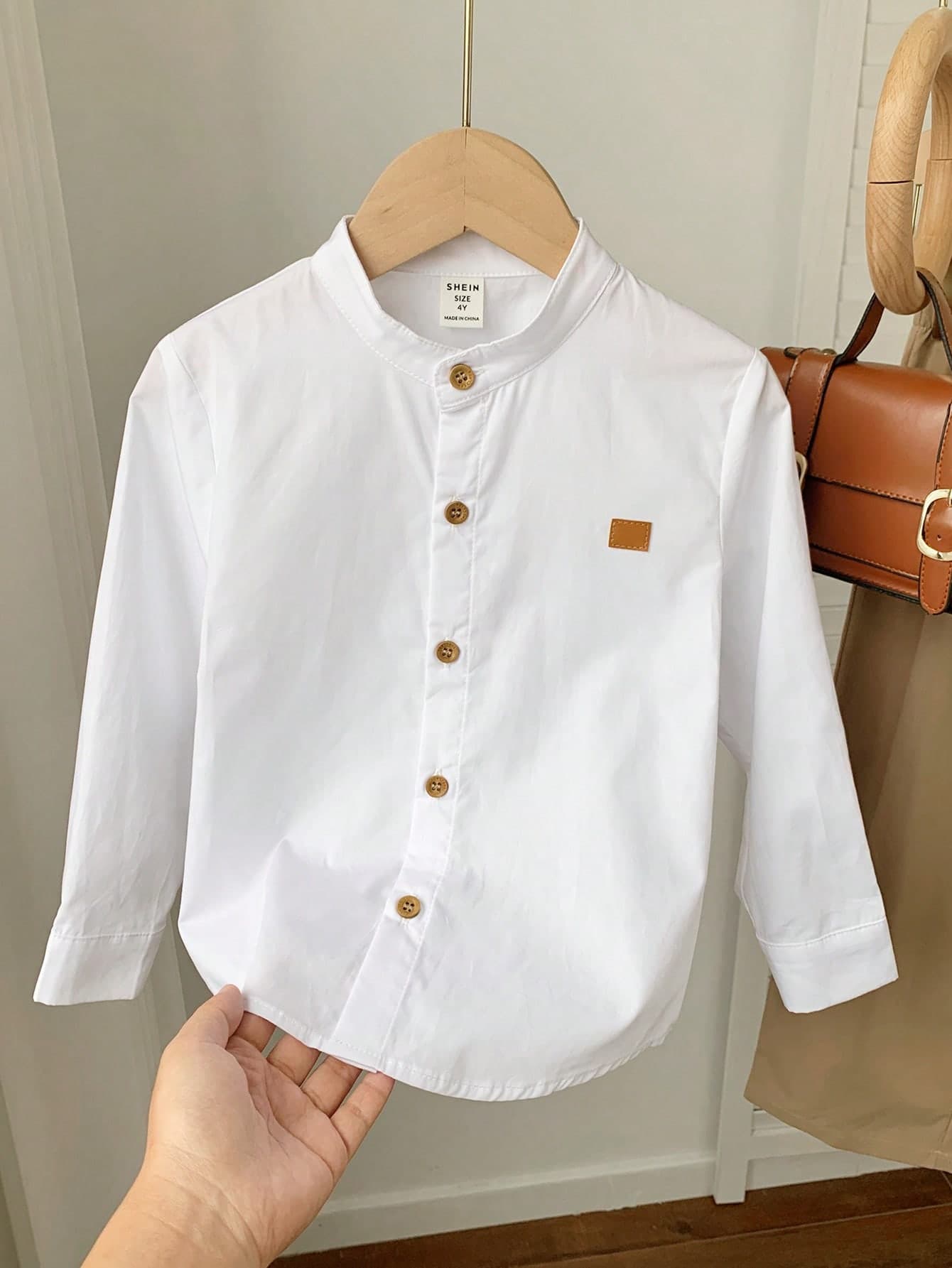 Bubblio Young Boy Fall And Winter Clothes, Tops, Shirts, Khaki Striped Stand Collar Long Sleeve Woven Shirt, Primary School,Middle School,White School Shirt