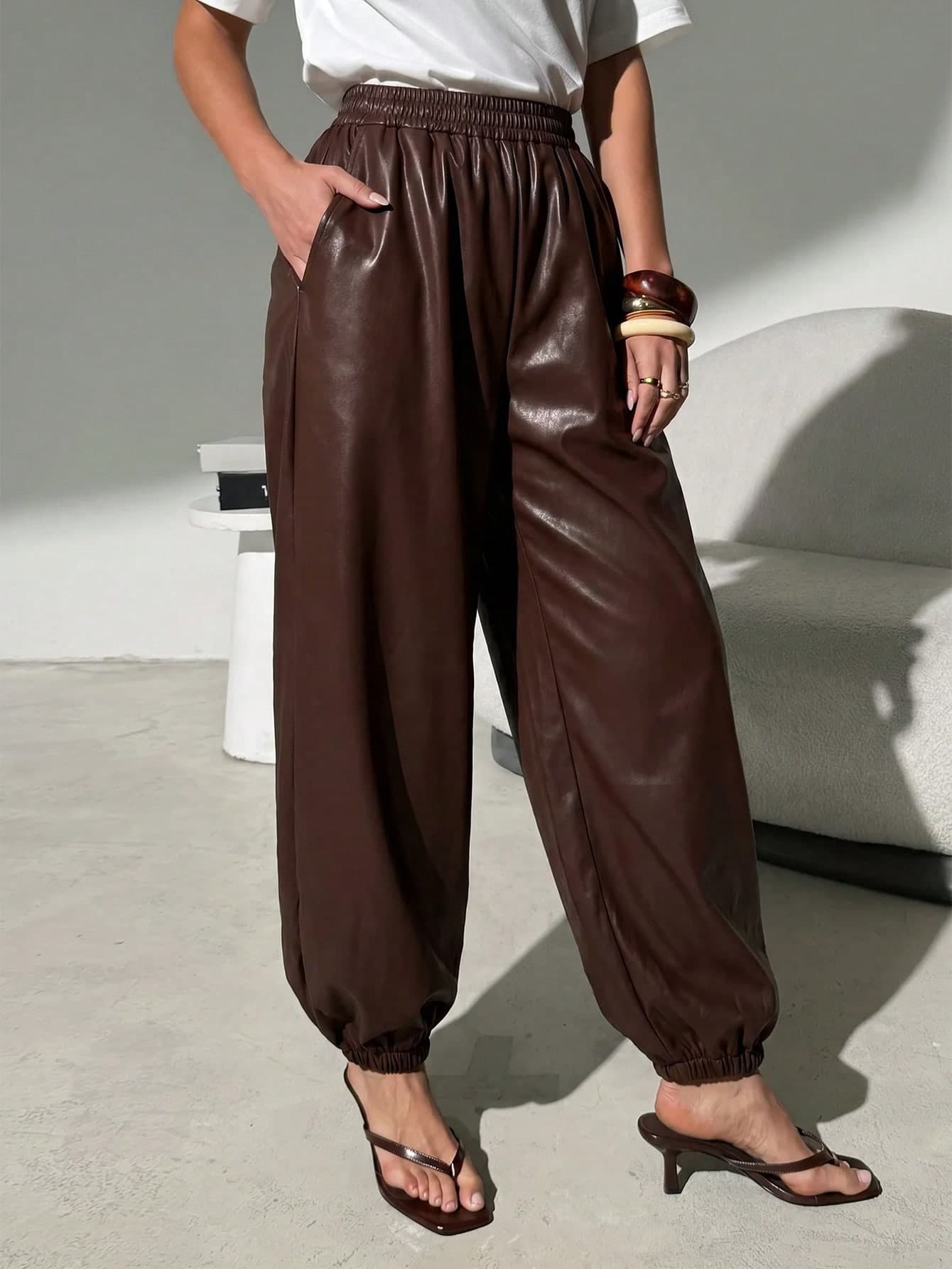 SHEIN Clasi Plus Size Women Solid Color Elastic Waist PU Leather Casual Versatile Daily Wear Long Pants