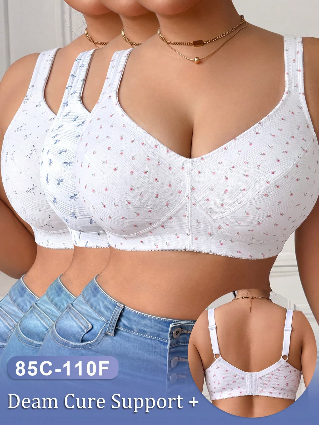 SHEIN Plus Size Wireless Bra Casual Comfortable Thin Cup 3pcs Set