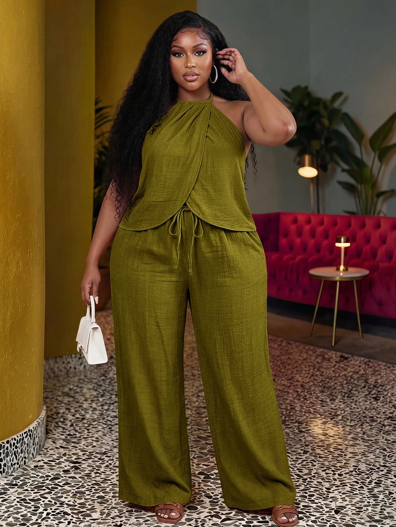 Veslaya 2026 Spring/Summer Women's Plus Size Wedding Guest Sleeveless Tie-Neck Slightly Loose Top Wide Leg Long Pants Two Pieces Set Olive Green