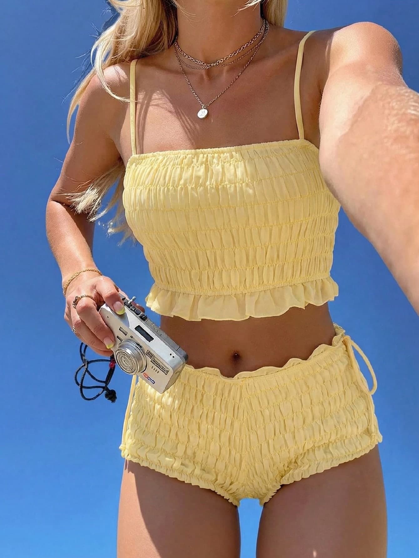 Swim Mod Chiffon Ruffled Bandeau Women's Swimwear Set, Sweet Girl Bikini Two Pieces, Beach Resort Casual Versatile Female Swimwear, Spring/Summer