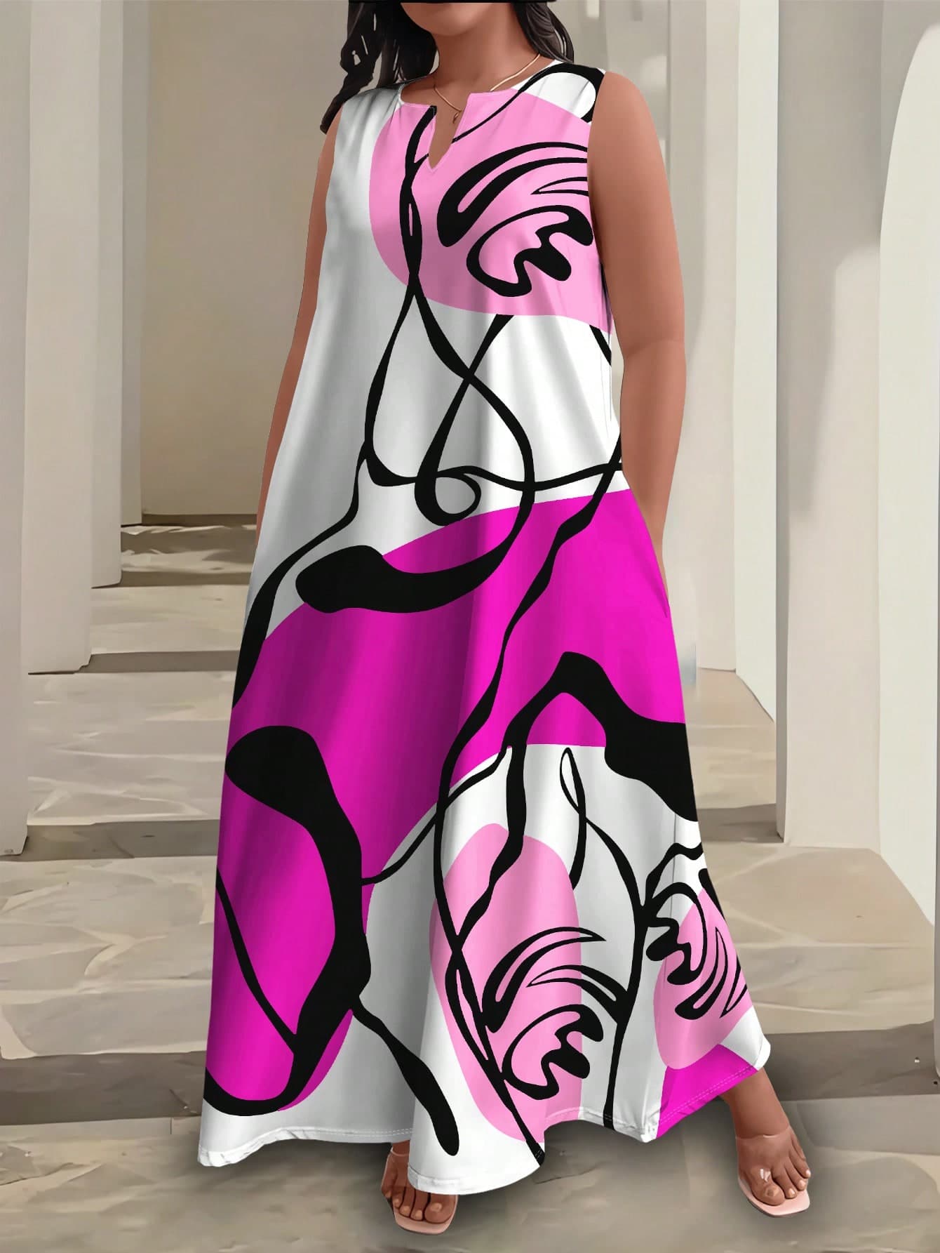Maweii Plus Size White Base Hot Pink Abstract Line Art Print Notched V Neck Sleeveless Loose A-Line Maxi Dress With Side Pockets Women Vacation Sundress