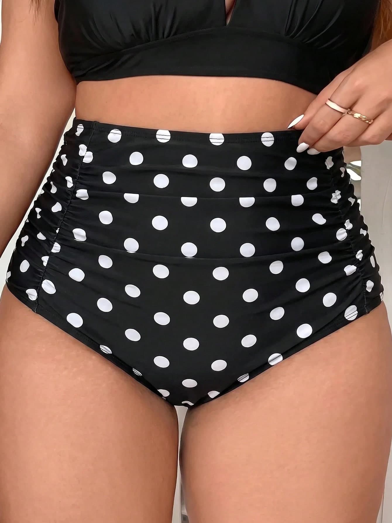 Swim Basics Plus Size Polka Dot Print Swimwear Bottoms, Ultra High Waist, Ruched Tummy Control