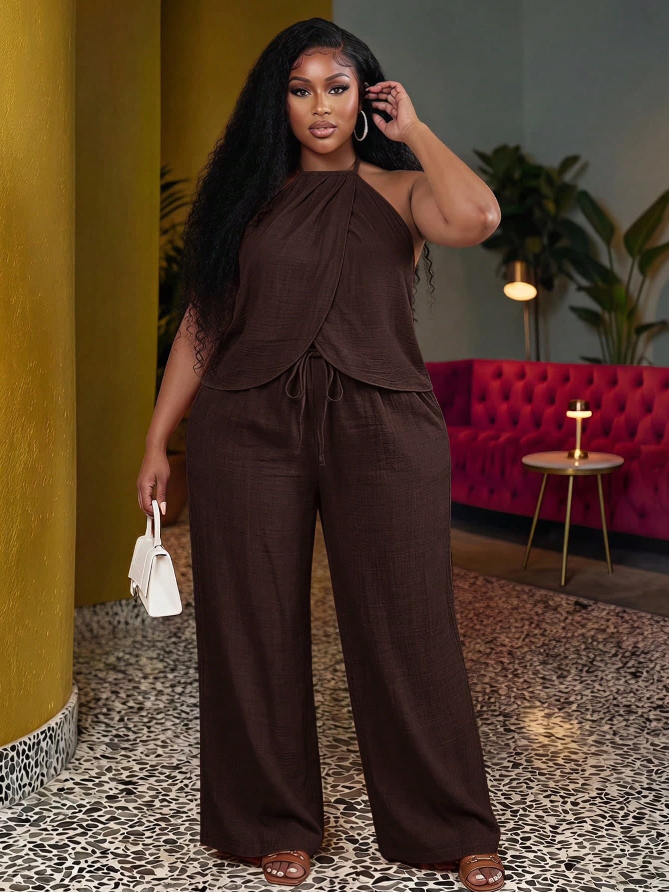 Veslaya 2026 Spring/Summer Women's Plus Size New Anniversary Graduation Vacation Season Basic Versatile Cruise Travel Casual Comfortable Two Pieces Set Brown