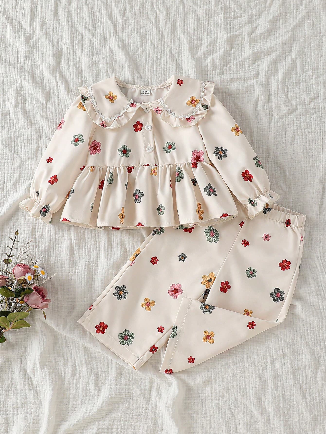 SHEIN Vintaside Kids Baby Girl Casual College Style Lapel Long-Sleeved Top And Pants Set Suitable For Daily Wear