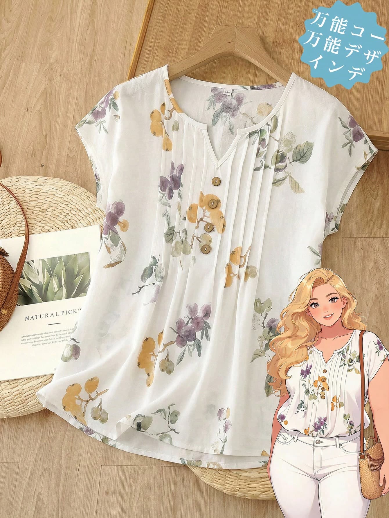 Rusticease Plus Size Cream Print V-Neck Button Front Short Sleeve Casual Blouse Summer Vacation Outfits For Women Beach Going Out
