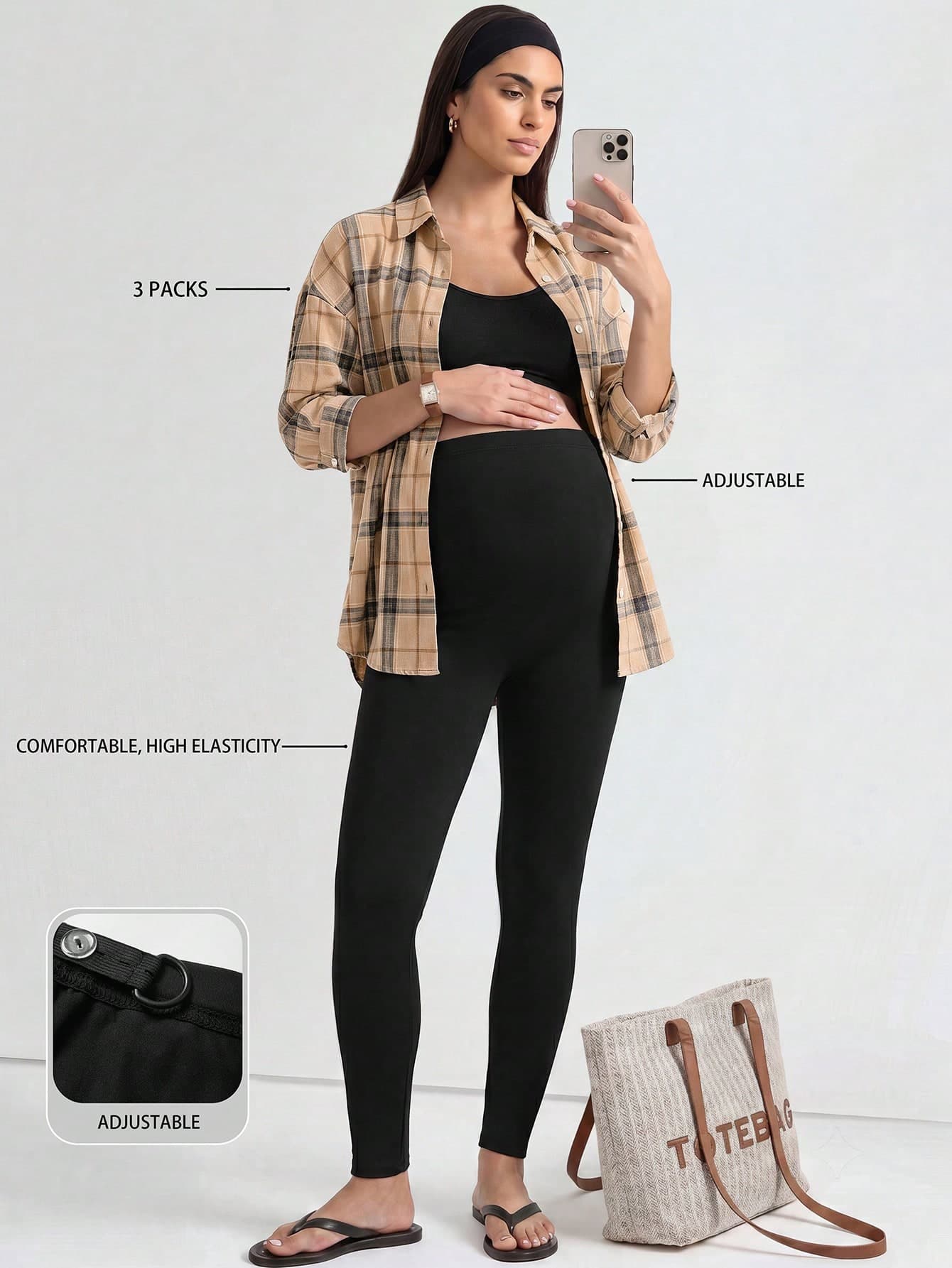 Modmama Maternity Women's Casual Light Sports Summer Outfit, Plaid Shirt 3pcs/Set Fall