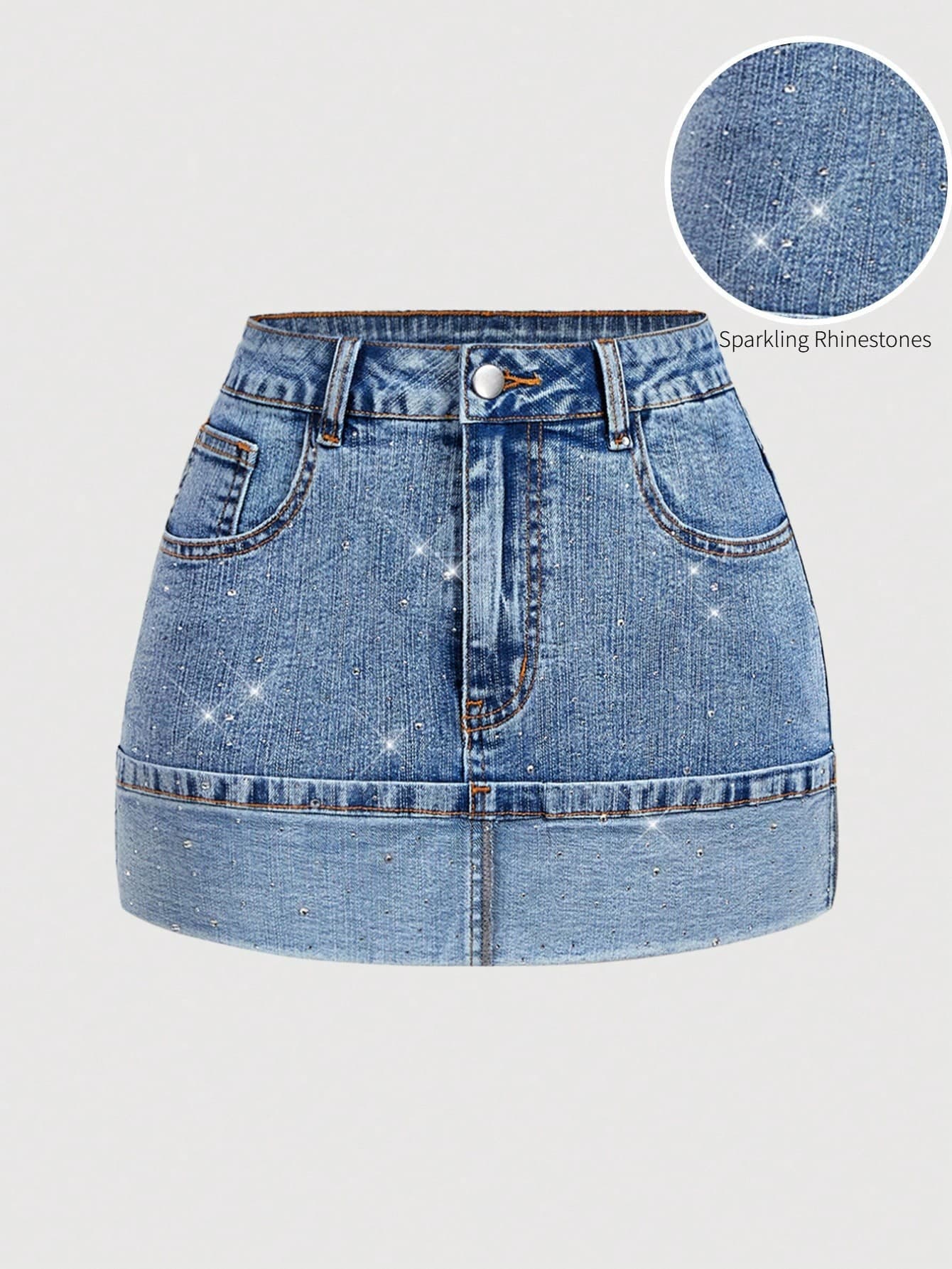 SHEIN MOD Women's Casual Fashion Denim Skirt With Pockets And Rhinestone Embellishments
