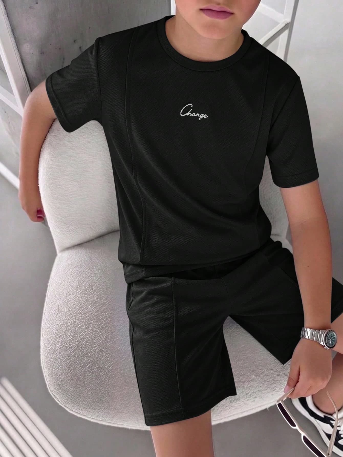 SHEIN 2pcs/Set Kids Tween Boy Casual Letter Print Pattern Round Neck Short Sleeve Top And Shorts Outfit