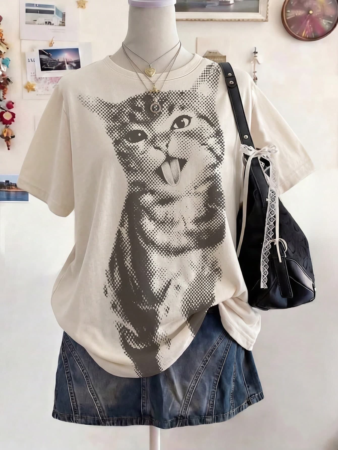 Teen Girls Digital Cat Pattern Short Sleeve T-Shirt, Spring/Summer Casual Comfortable Fashion, Versatile Summer Outfit, Suitable For Outdoor Sports, Picnic, Street Photography, Home, Campus, Holiday, Gift, American Vintage Style For Girls