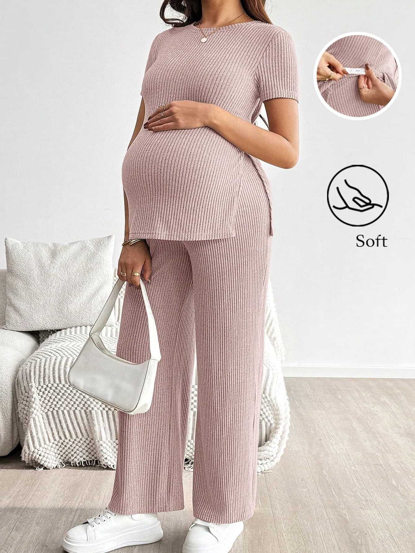 SHEIN Maternity Solid Color Short Sleeve Top And Adjustable Waist Long Pants Casual Daily Delivery 2 Pieces Set Summer