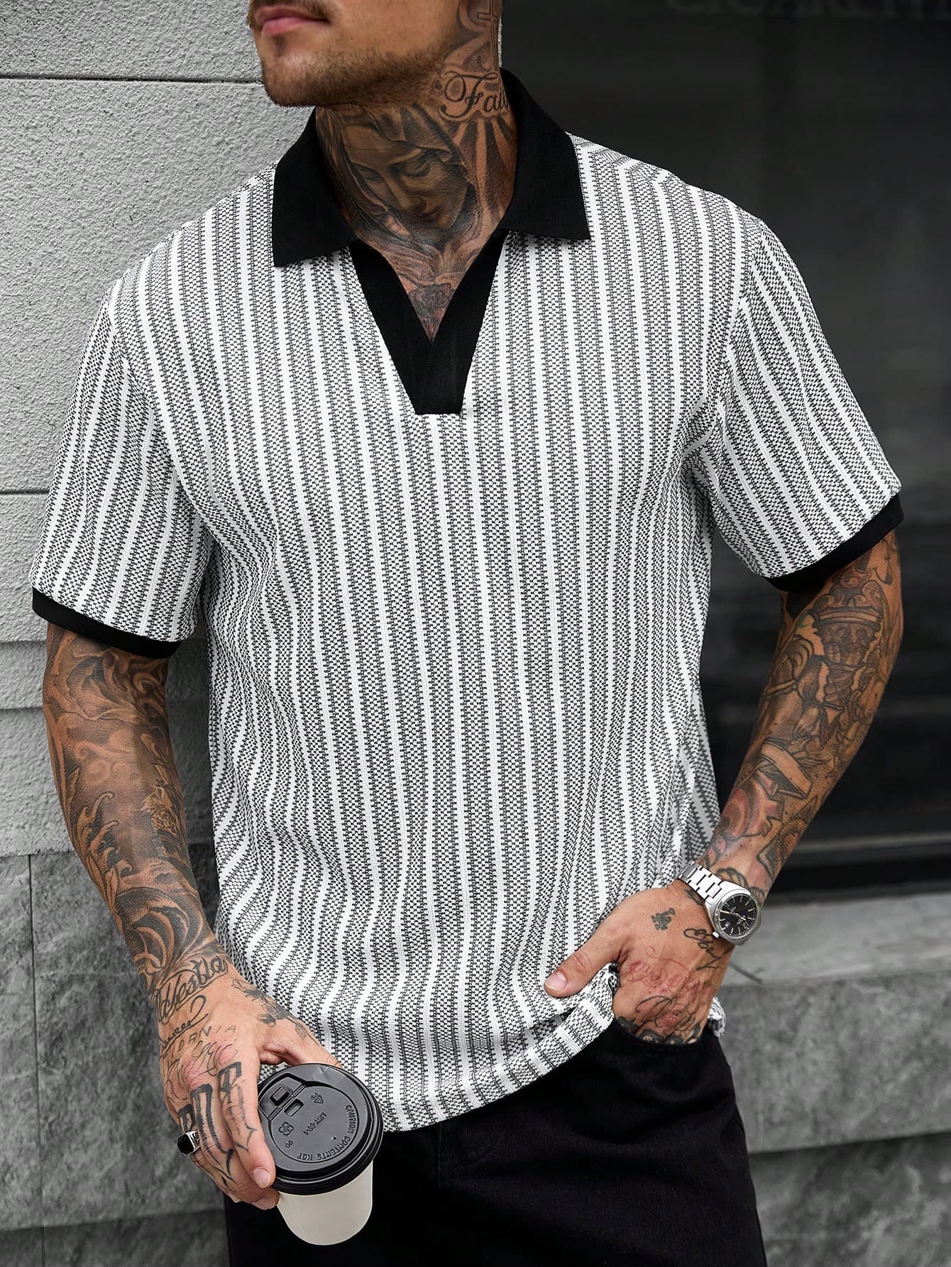 Manfinity CasualCool Men's Casual INS Style Contrast Striped Textured Fabric Daily Streetwear Boyfriend Husband Gift Anniversary Gift Contrast Patchwork Polo