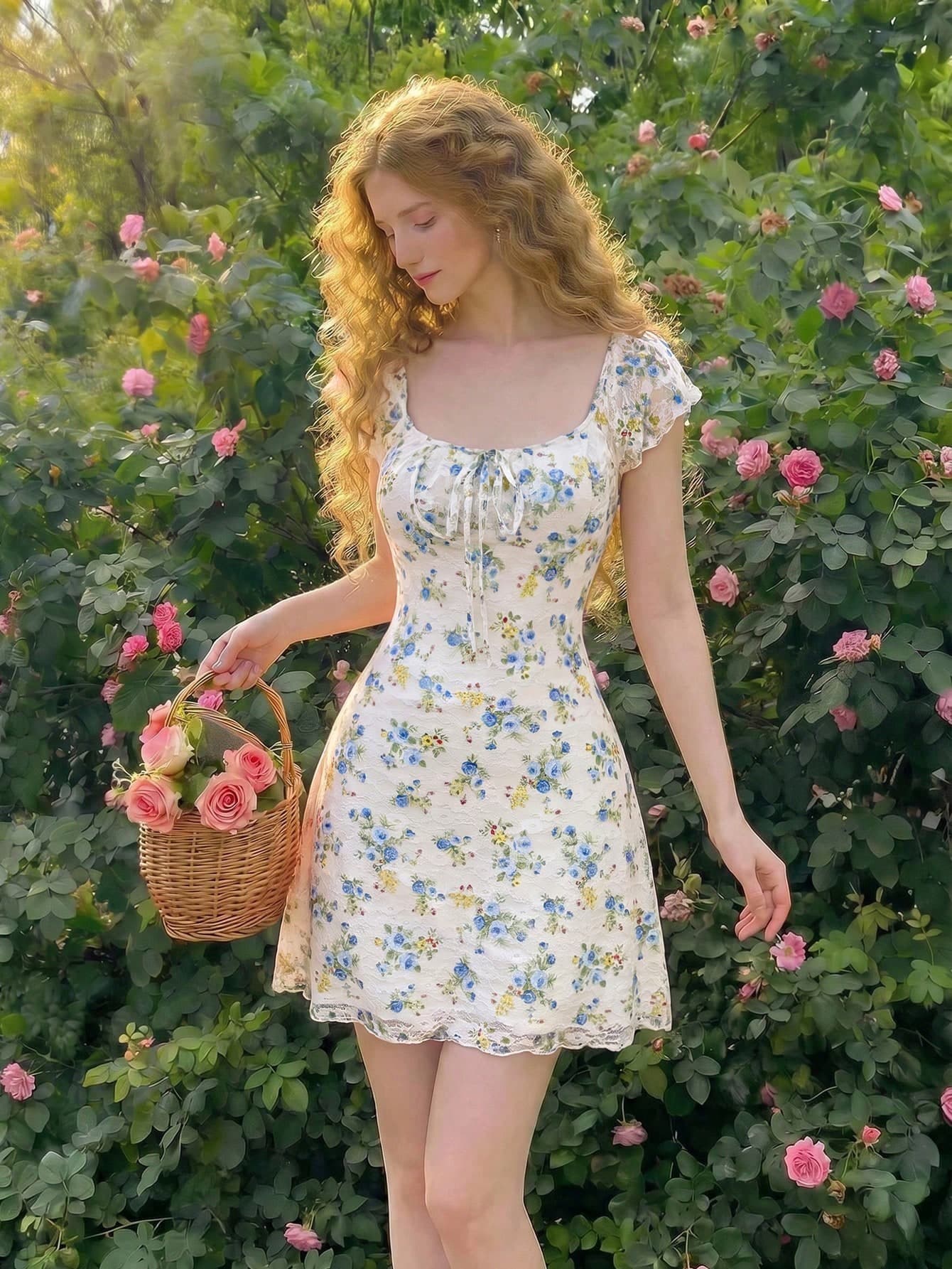 Skyraze Women's Vintage Romantic Floral Print Knotted Chest Ruched Round Neckline Sleeveless Dress For Summer Vacation White And Blue Floral