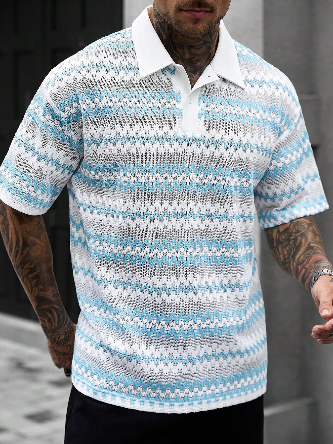 Manfinity CasualCool Men's Casual Fashion Striped Turn-Down Collar Loose Short Sleeve Shirt
