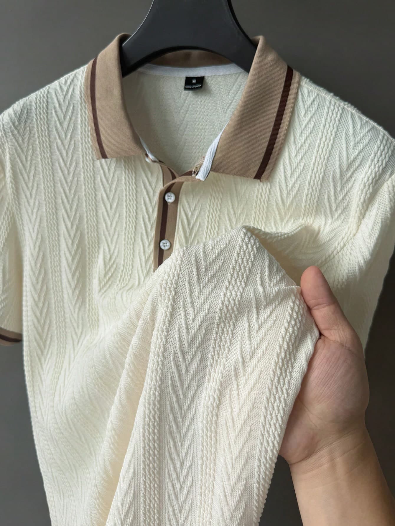 Manfinity CasualCool Men's Jacquard Knit Short Sleeve Polo Shirt,White,Summer,Smart Casual,Holiday,Mature Casual Wear For Daily Outings,Friend Gatherings,Embroidered Tops