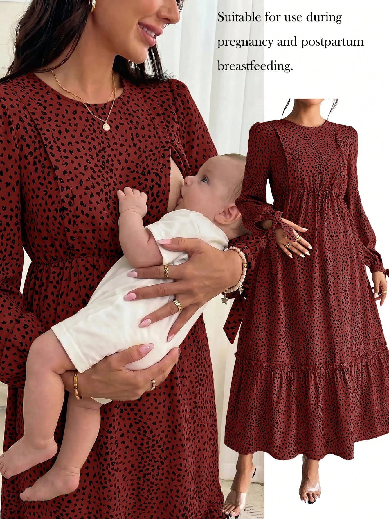 SHEIN Maternity Leopard Print Round Neck Long Sleeve Ruffle Hem Casual Dress Baby Shower Autumn Fall