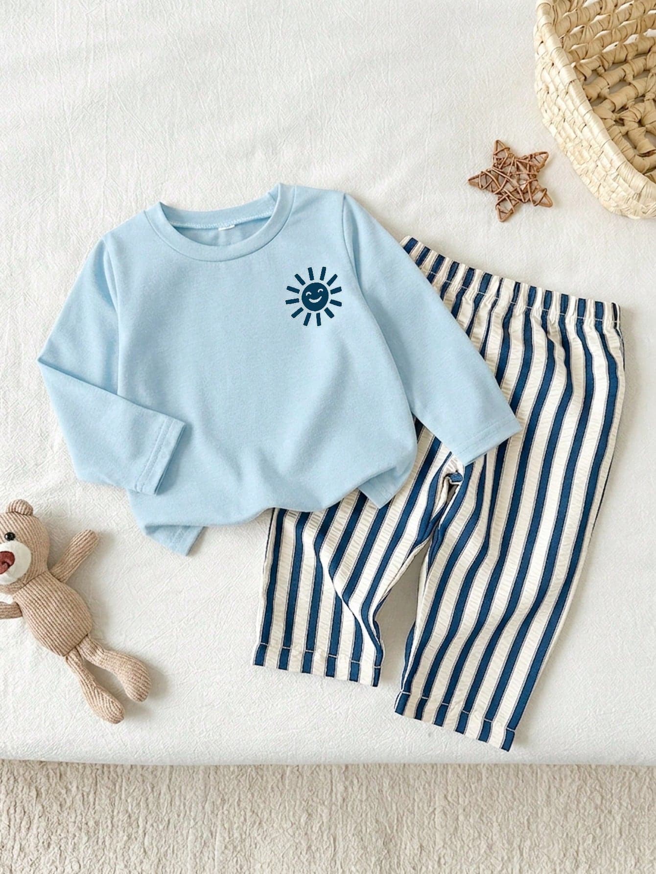 SHEIN Playful Pals 2pcs Toddler Baby Boy Casual Cute Sun Graphic Tee Striped Long Sleeve Top Soft 2 Piece Sets Boys Outfit Sets Shirts Pants Clothes School Summer