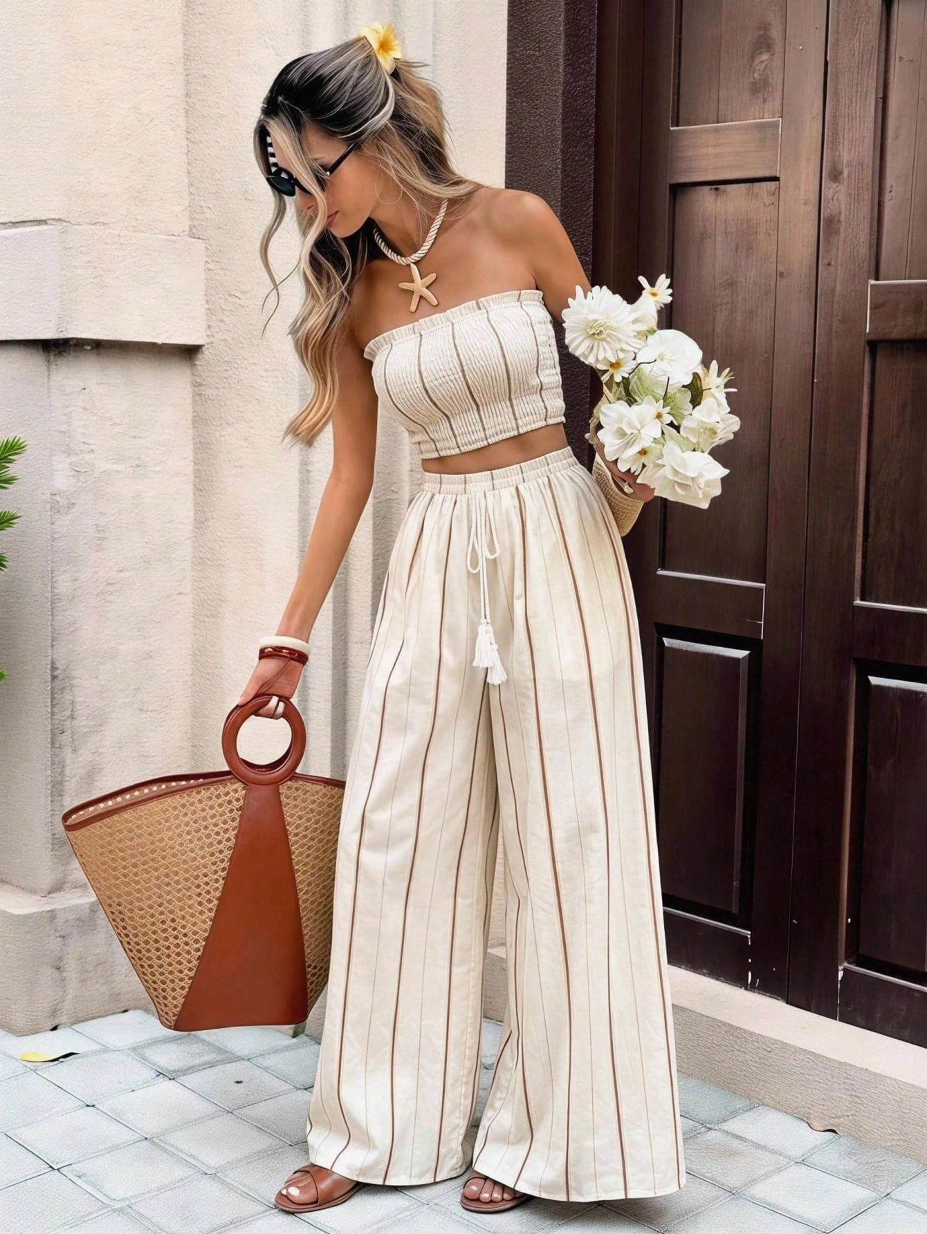 Serisse Women's Contrast Stripe Print Bandeau Top And Fringe Decor Wide Leg Pants 2 Pieces Set,Summer Outfits For Women Vacation Brown Striped Boho