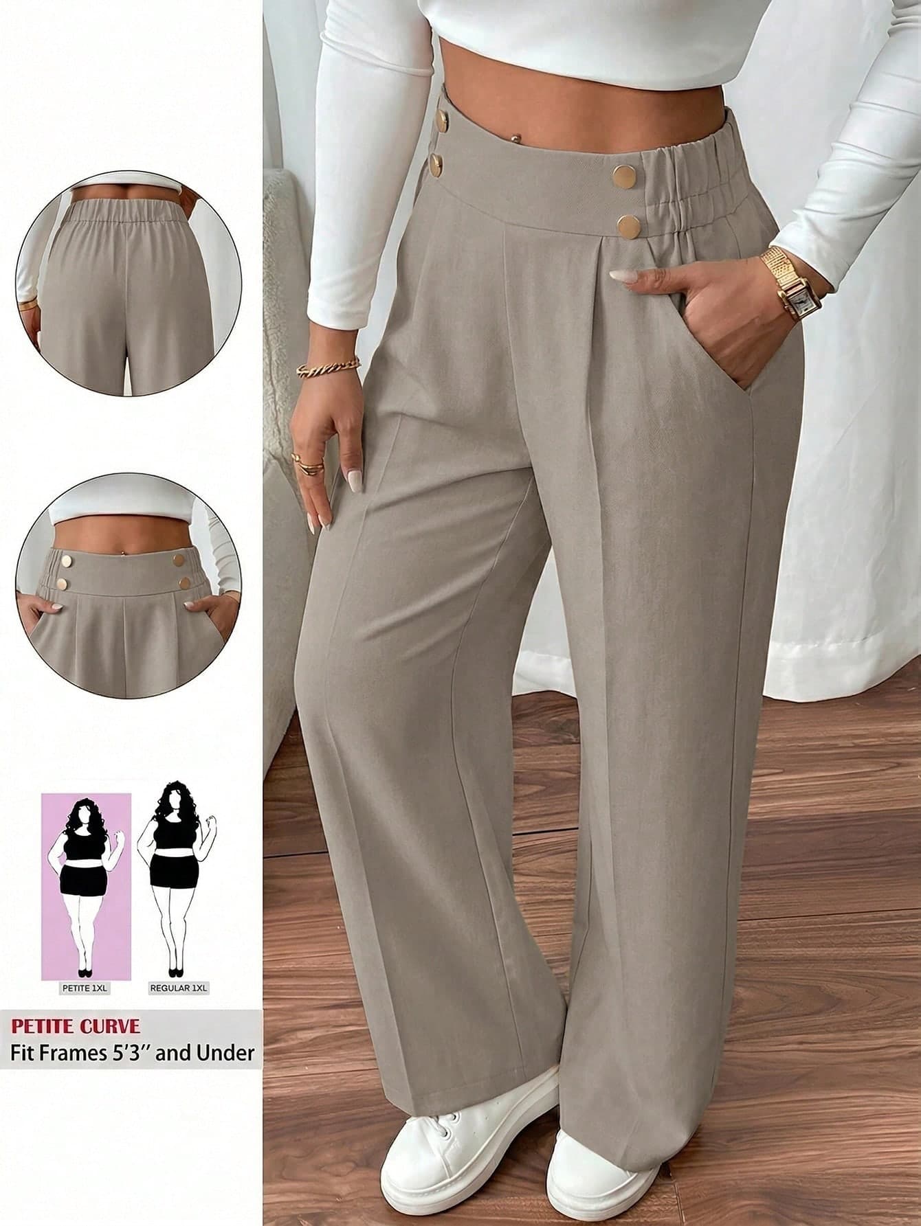 SHEIN PETITE CURVE Plus Size Women's Double Buckle Straight Leg Elegant Commuter Pants Teachers' Day Formal Office Khaki Autumn