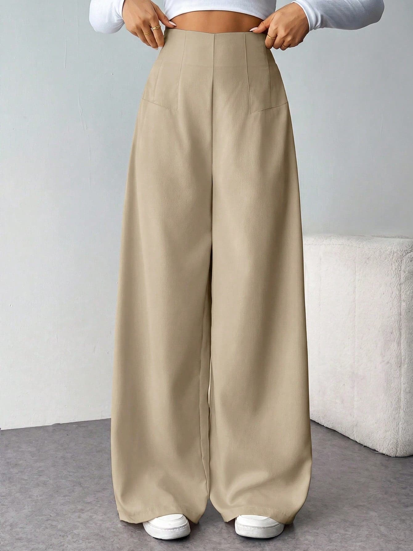 SHEIN Kids Tween Girl Casual Streetwear Comfortable High Waist Wide Leg Straight Trousers Suitable For Daily Back-To-School Gymnastics Khaki Autumn