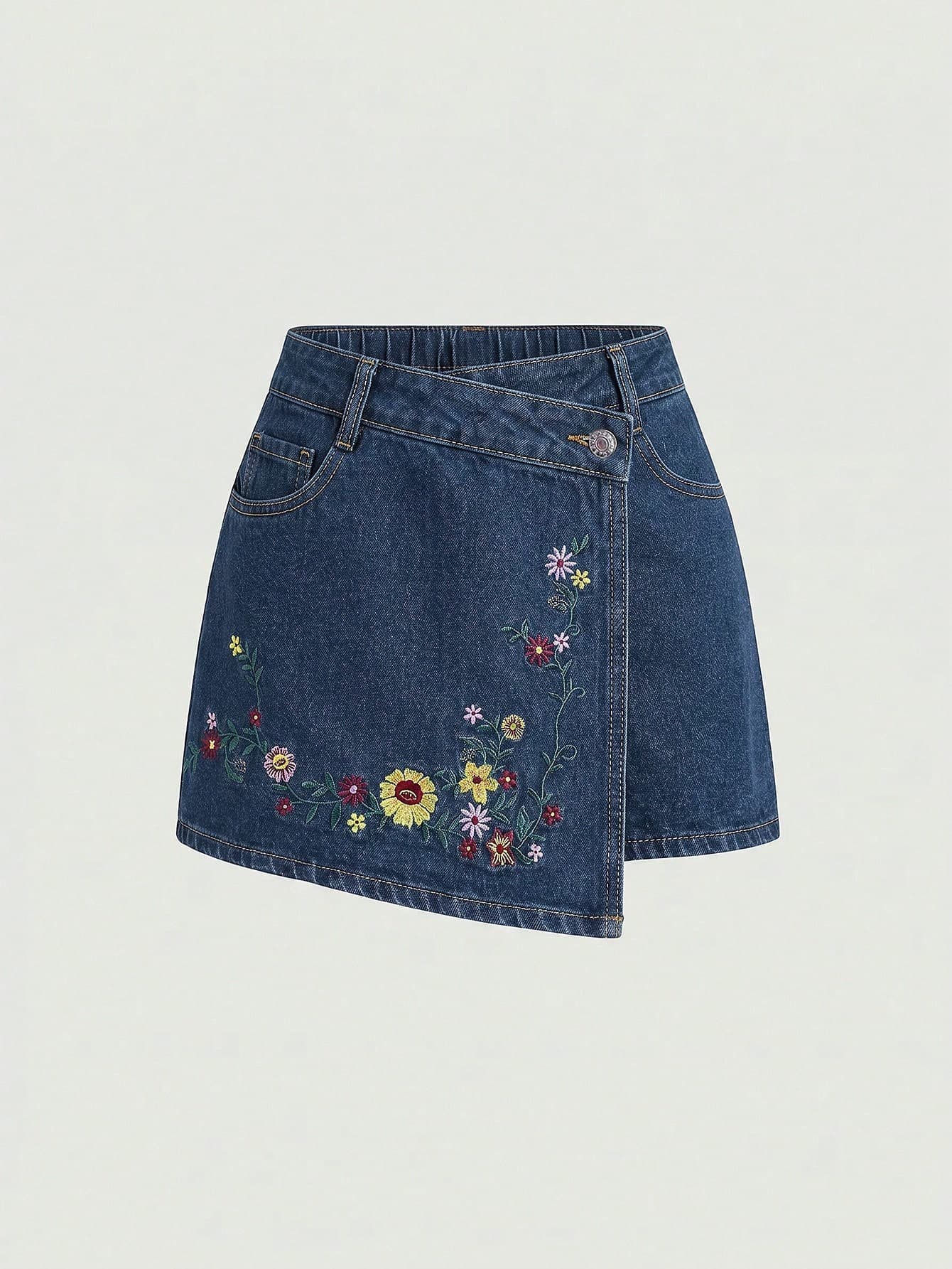 SHEIN Essnce Plus Size Fashion Embroidered Button Pocket Asymmetrical Hem Denim Skort