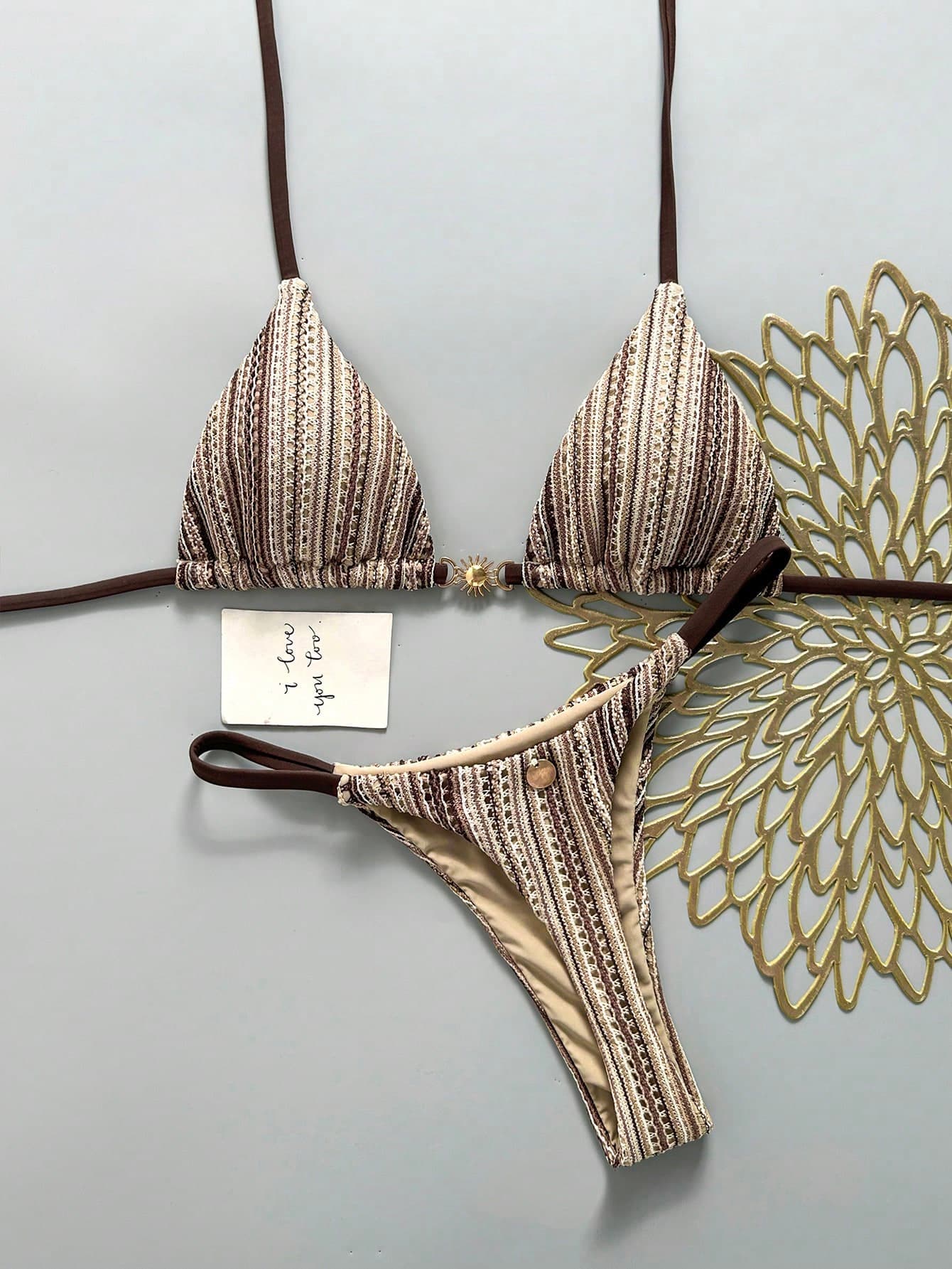 Swim Mod Women's Spring/Summer New Special Fabric Metal Decor V-Neck Halter Backless Triangle Bikini Swimsuit Two Pieces Set