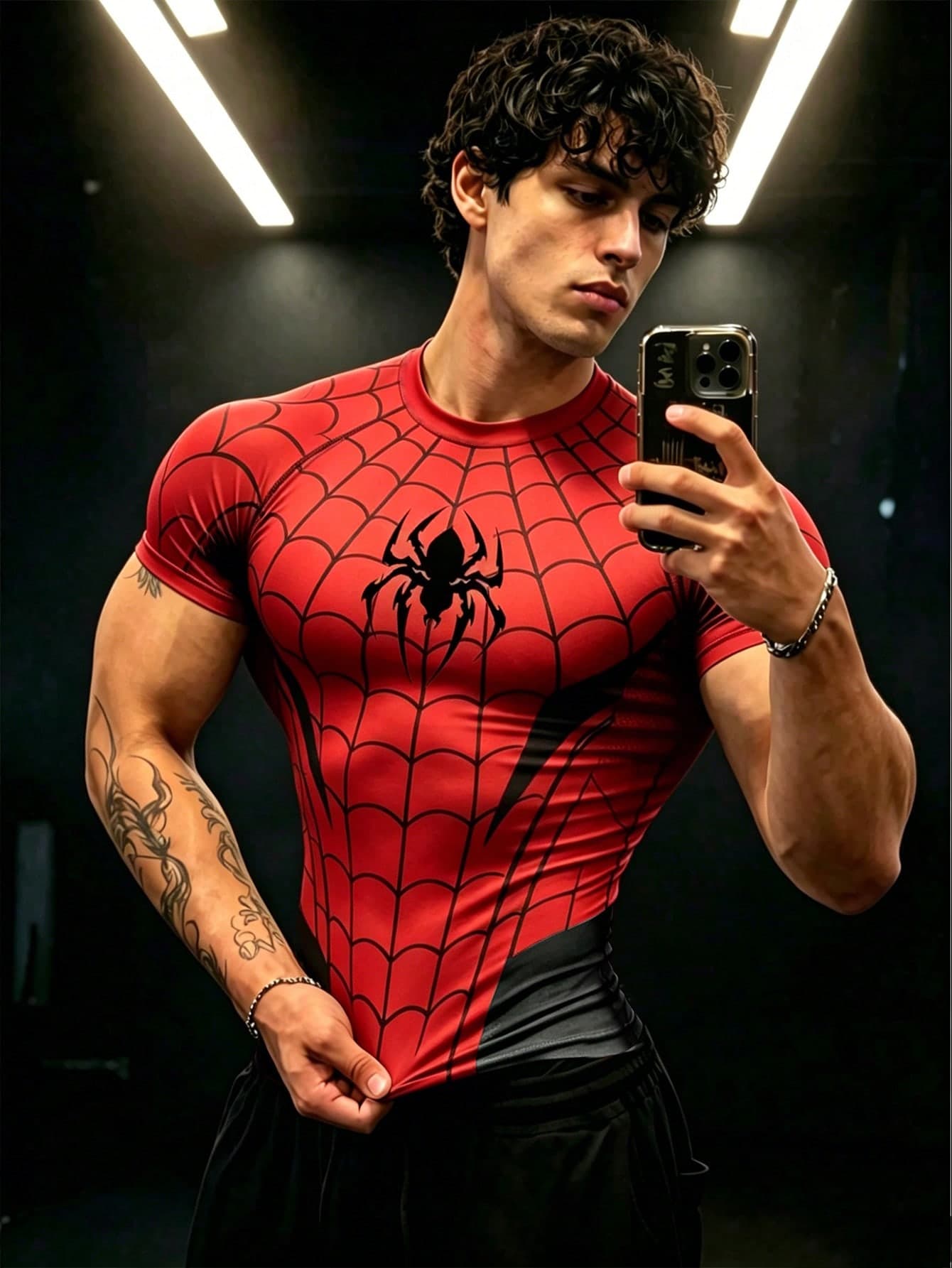 GymBeat Men's Spider Web Pattern Print Contrast Color Crew Neck Short Sleeve Sports T-Shirt, Gym